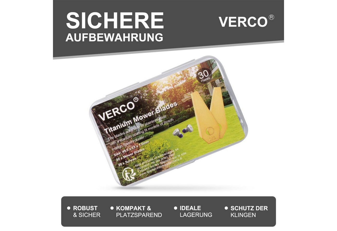 Thumbnail - VERCO Mährobotermesser für Bosch Indego Mähmesser (inkl. Schrauben, 30 Stück), Titan Messer Ersatz Klingen Set rostfrei