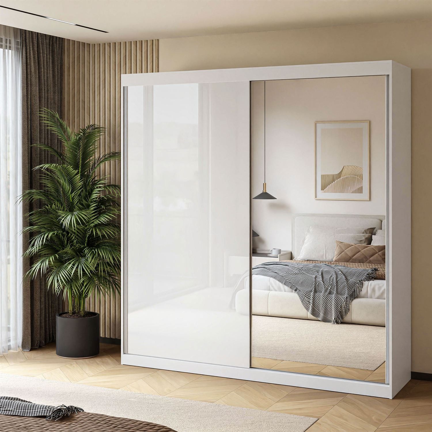 Lookway Kleiderschrank BASTER II GLOSSY mit Spiegel weiß glänzend, Weiß / W günstig online kaufen