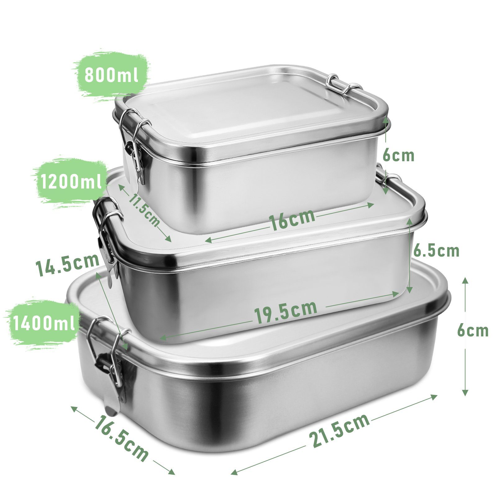 Gimisgu Lunchbox 800-1400ml Dicht Edelstahl edelstahl Brotdose Büro Lunchbox Silber 800+1200+1400ml Thermo