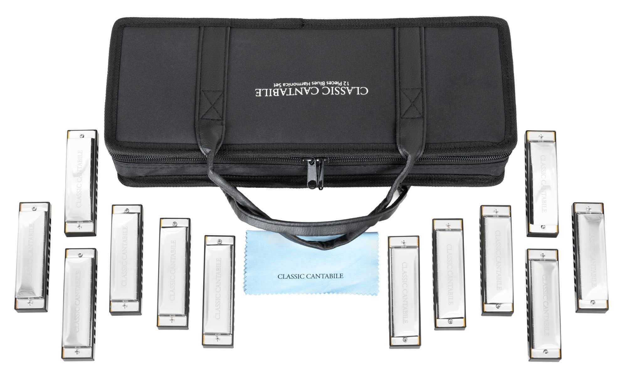 Classic Cantabile Mundharmonika in verschiedenen Stimmungen, 12-St., inkl. Etui & Pflegetuch, Blues Harmonica - 10 Messing Stimmzungen - Edelstahl-Gehäuse