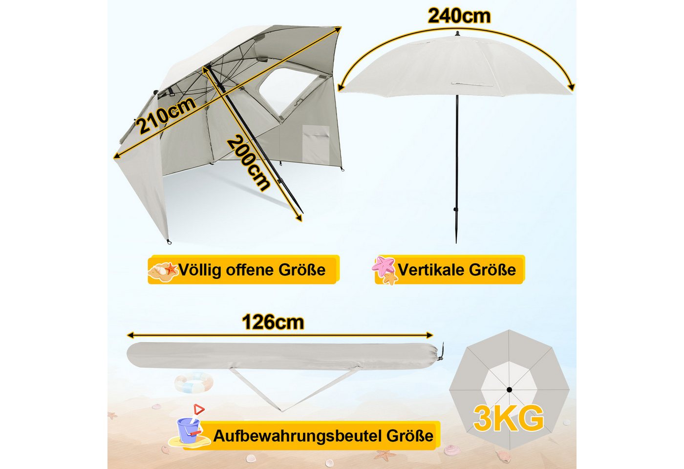 Thumbnail - Clanmacy Sonnenschirm Strandschirm 210cm UV Schutz 50+ Neigbar Beige mit Erdspieß & Tasche, LxB: 210x200 cm, Stabiler kn...