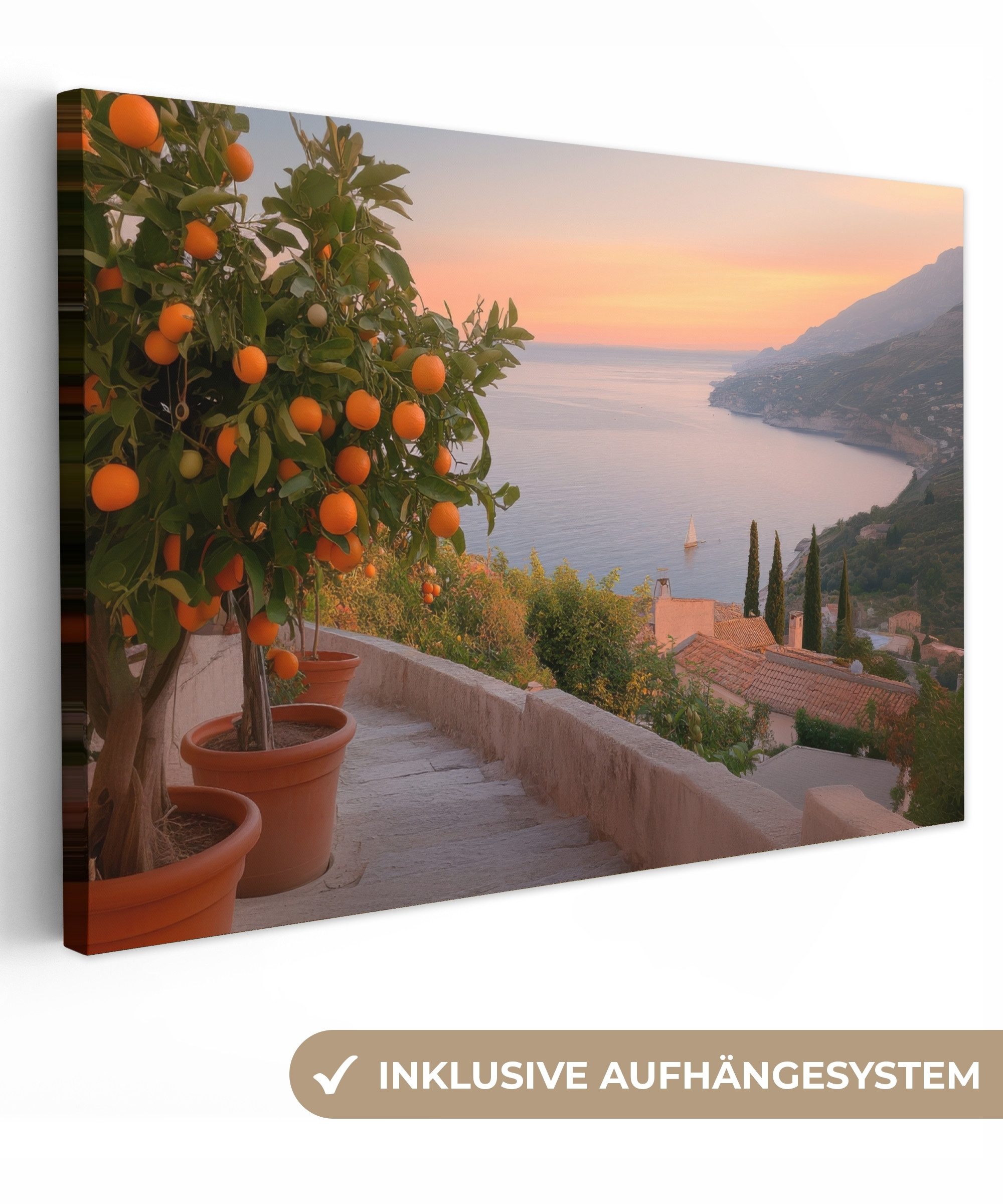 OneMillionCanvasses® Leinwandbild Mittelmeer - Orange - Hügel - Meer, Fotod günstig online kaufen