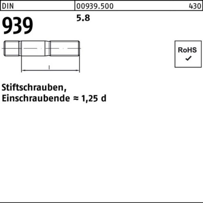 Reyher Stiftschraube 100er Pack Stiftschraube DIN 939 M20x 110 5.8 Einschraubende=1 25d 10
