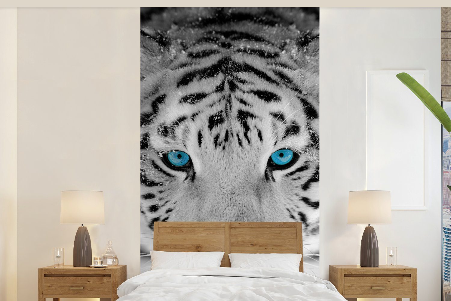 MuchoWow Fototapete Tiere - Tiger - Augen - Blau - Schwarz und weiß, Matt, bedruckt, (2 St), Vliestapete für Wohnzimmer Schlafzimmer Küche, Fototapete
