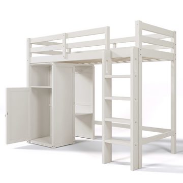 MODFU Etagenbett Holzbett Kinderbett (mit Lattenrost und Rausfallschutz), mit Kleiderschrank und Regalen, ohne Matratze, 108*206*150cm