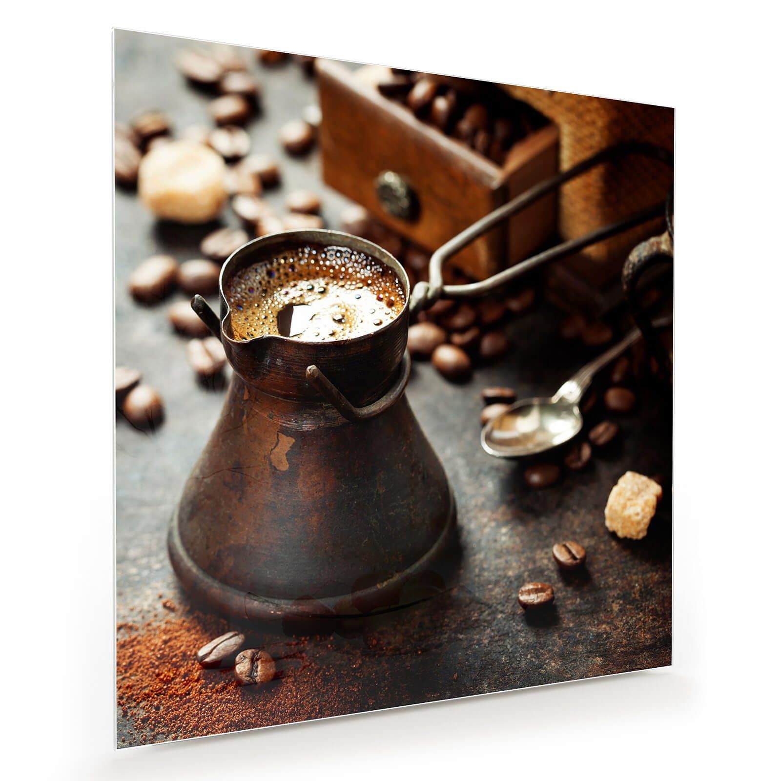 Glasbild Wandbild Quadratisch Alte Kaffeekanne mit Aufhängung