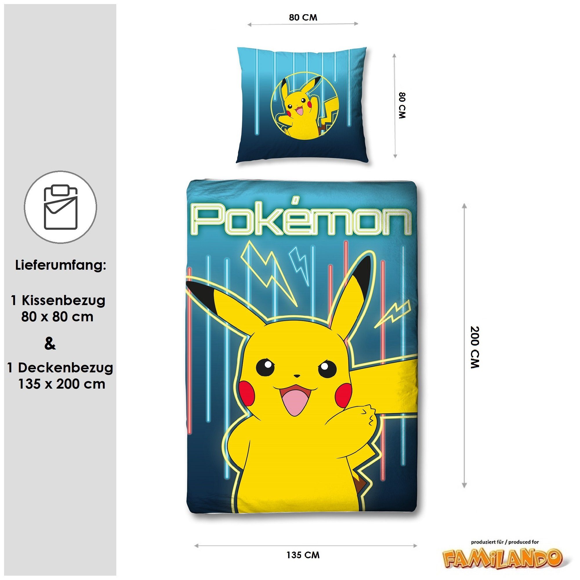 Familando Kinderbettwäsche Pokemon "Glow" 135x200 80x80 cm aus 100% Baumwolle mit Reißverschluss, Renforcé, 2 teilig, mit Pikachu und Pokebällen