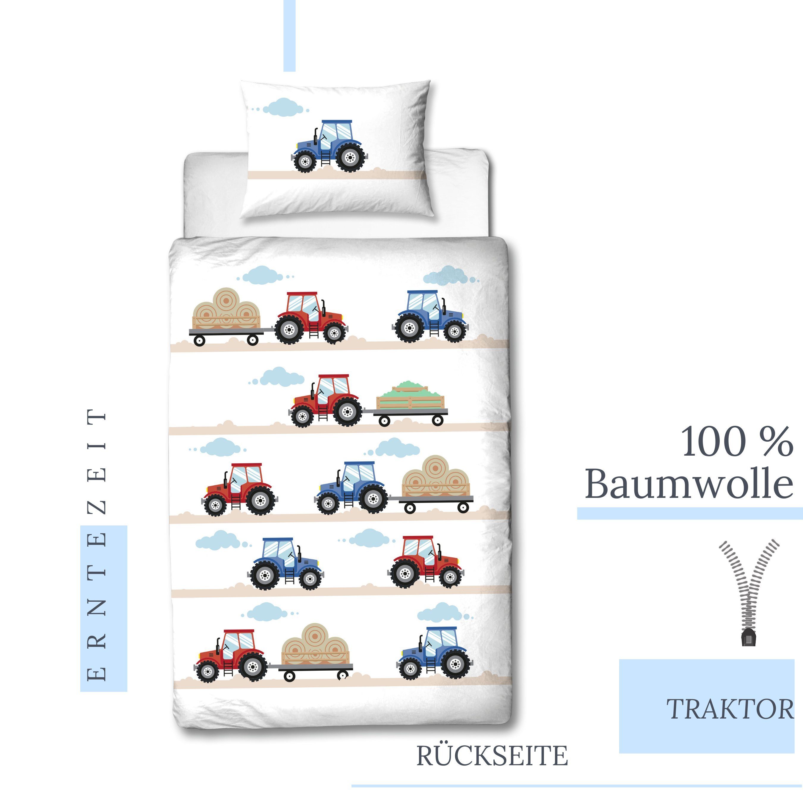 MTOnlinehandel Babybettwäsche Traktor 100x135 + 40x60 cm, 100 % Baumwolle, Biber, 2 teilig, soft und kuschelweich für Babys und Kleinkinder – Bild 4 von 4