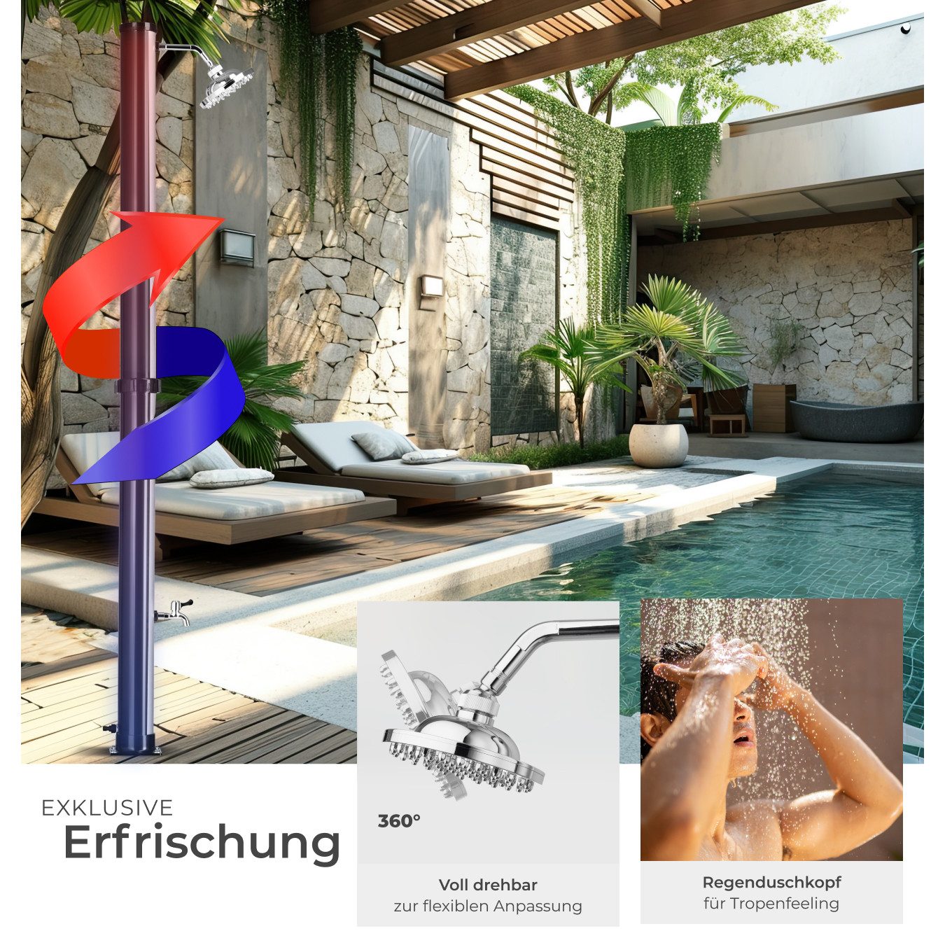 tectake Gartendusche Solardusche - umweltfreundlich mit 20 l Tank (Freiluftdusche Tinto, 1 St., in Schwarz/Silber), Drehbarer Regenduschkopf mit 360° Gelenk