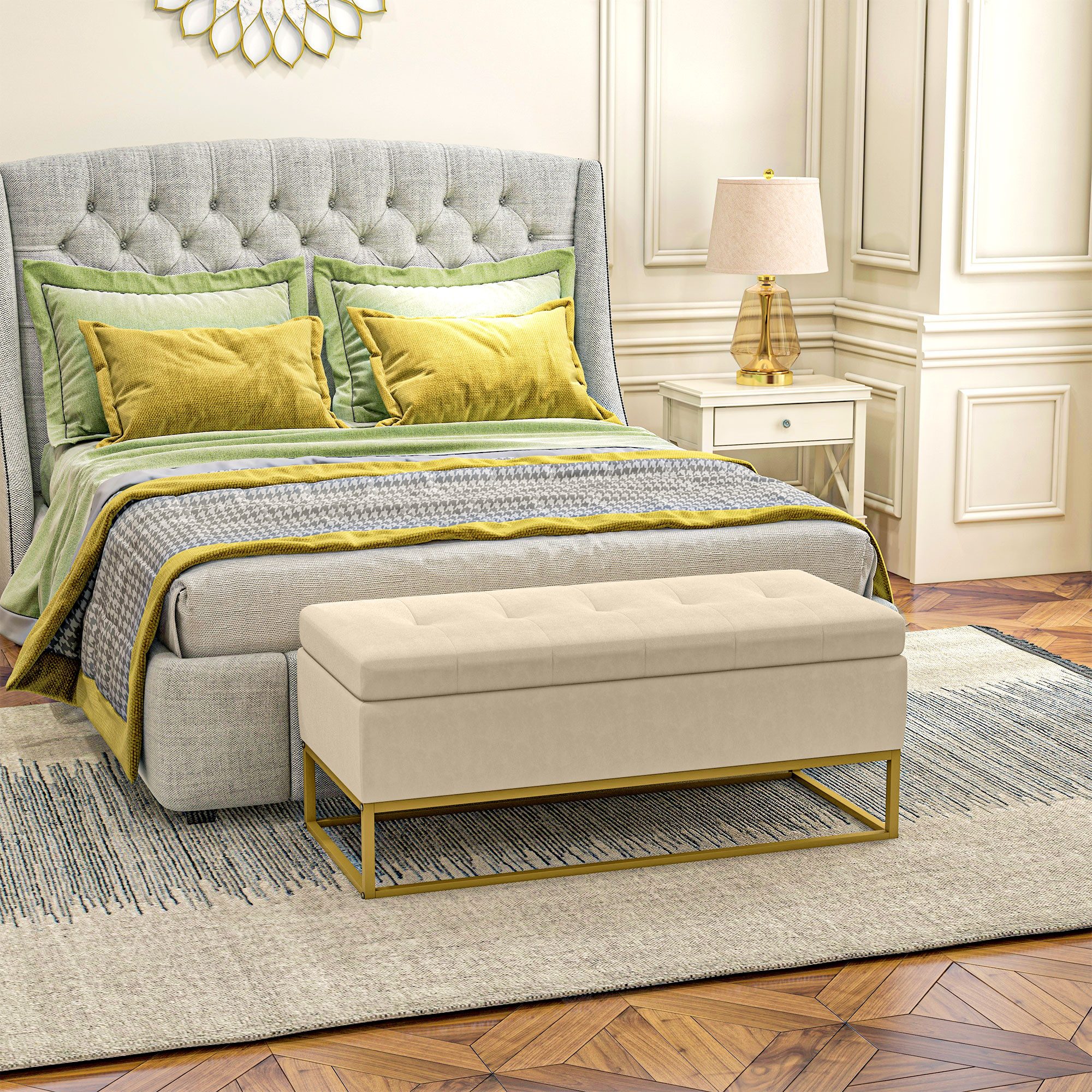 HOMCOM Sitzbank Truhenbank mit Stauraum und Stahlbeine (Aufbewahrungsbank, 1-St., Lagerbank), Beige, 110 x 44 x 49 cm