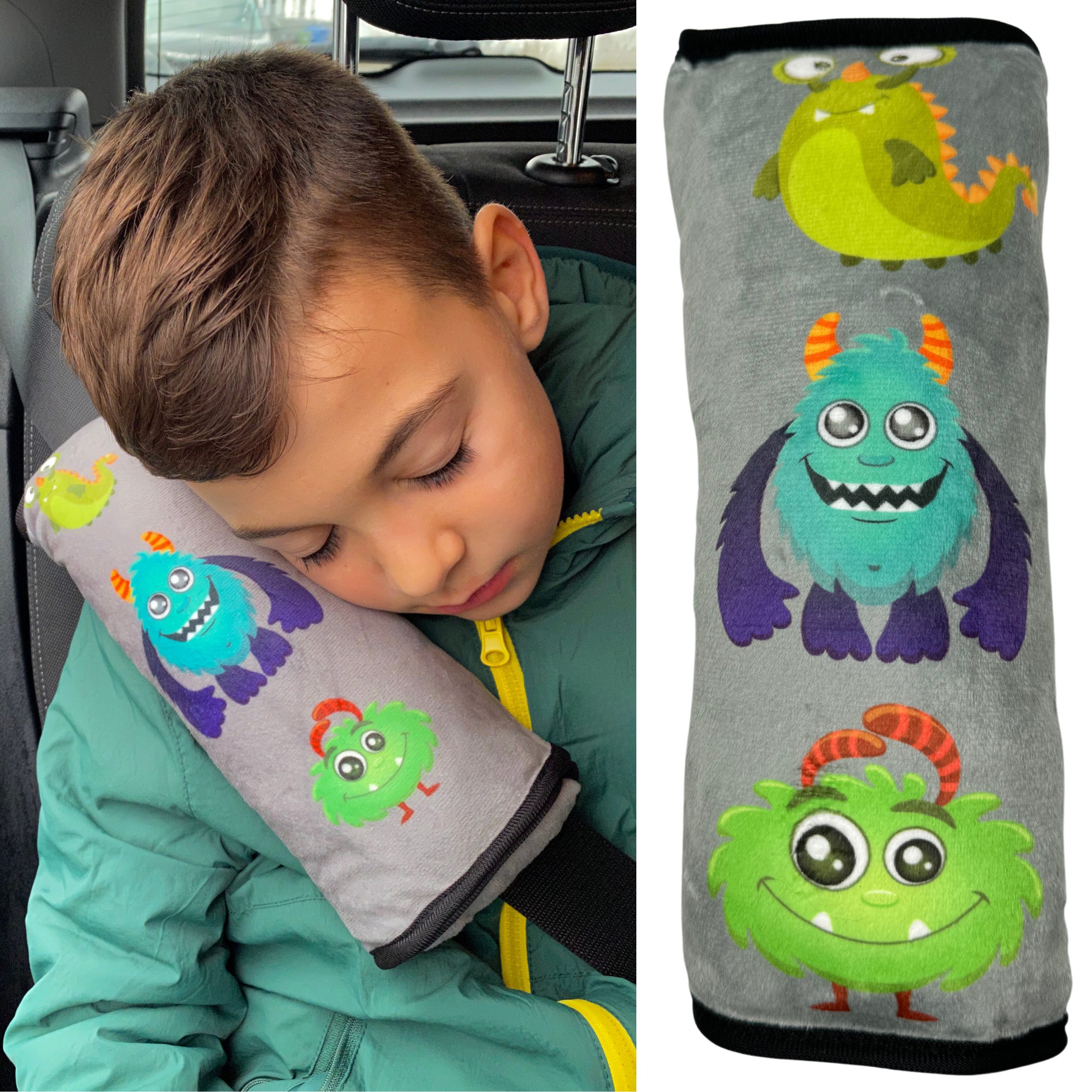 HECKBO Schlafkissen Auto Schlafkissen Monster Motiv für Kinder Mädchen Jungen Gurtkissen