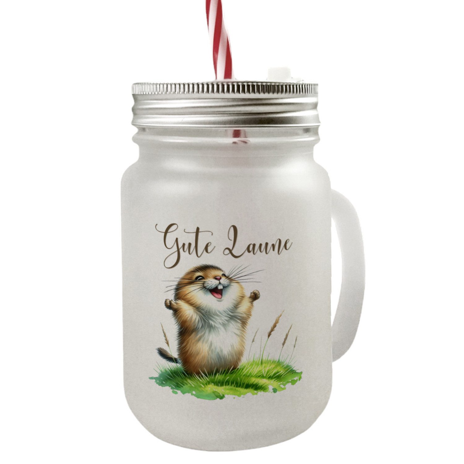 Glas jubelnder Lemming Mason Jar Henkel Trinkglas mit Deckel Spruch Gute