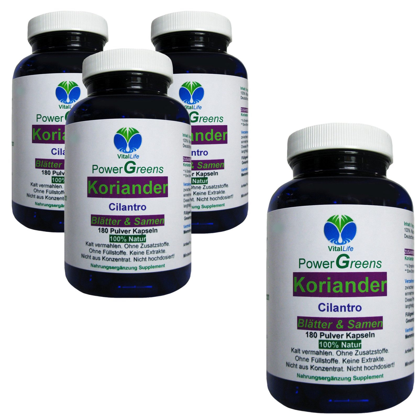 VitalLife Koriander Cilantro Blätter & Samen Natur Pur OHNE Zusatzstoffe Kapseln, 4 er Dose à 180 St., 288 g, Art. 26422-720