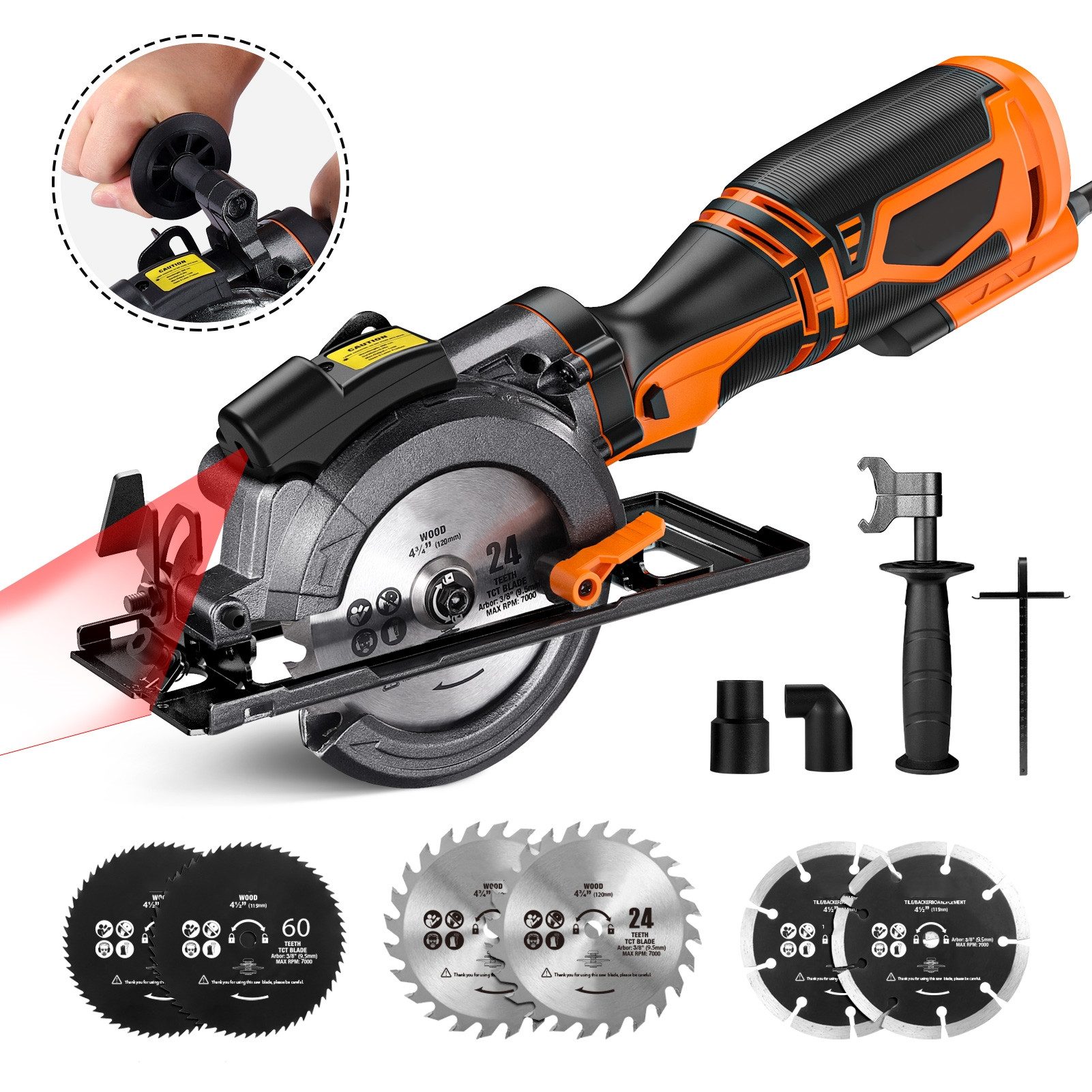 DOVAMAN Handkreissäge mit Laser, 710W 115mm, Metall-Zusatzgriff, 6 Sägeblätter, kabelgebunden