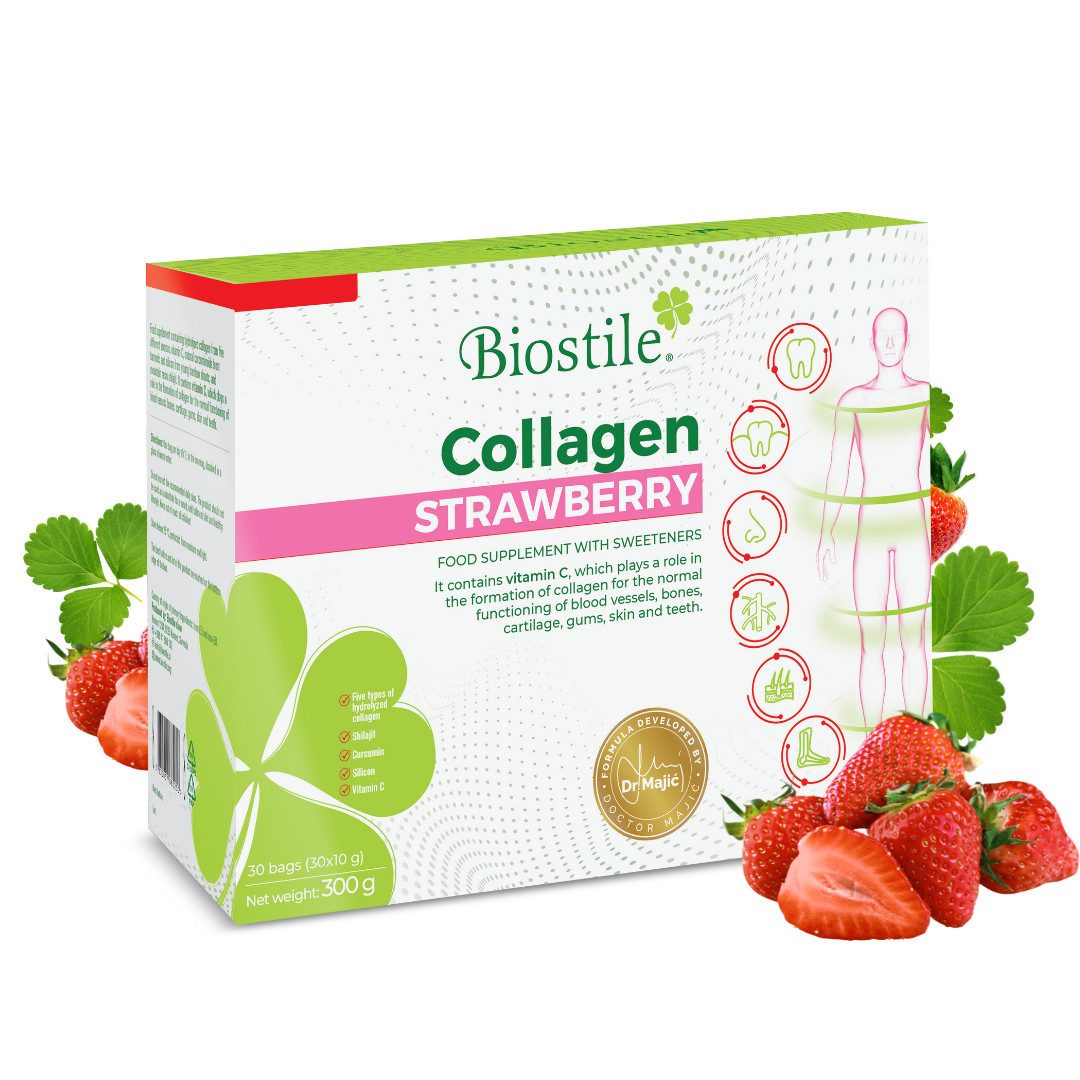 Biostile Kollagen Pulver Erdbeere mit 5 Kollagenquellen für Haut Haare Nägel - Kollagenpulver, 300 g, Mit Vitamin C, Curcumin und Shilajit, Erdbeergeschmack, 30 Beutel