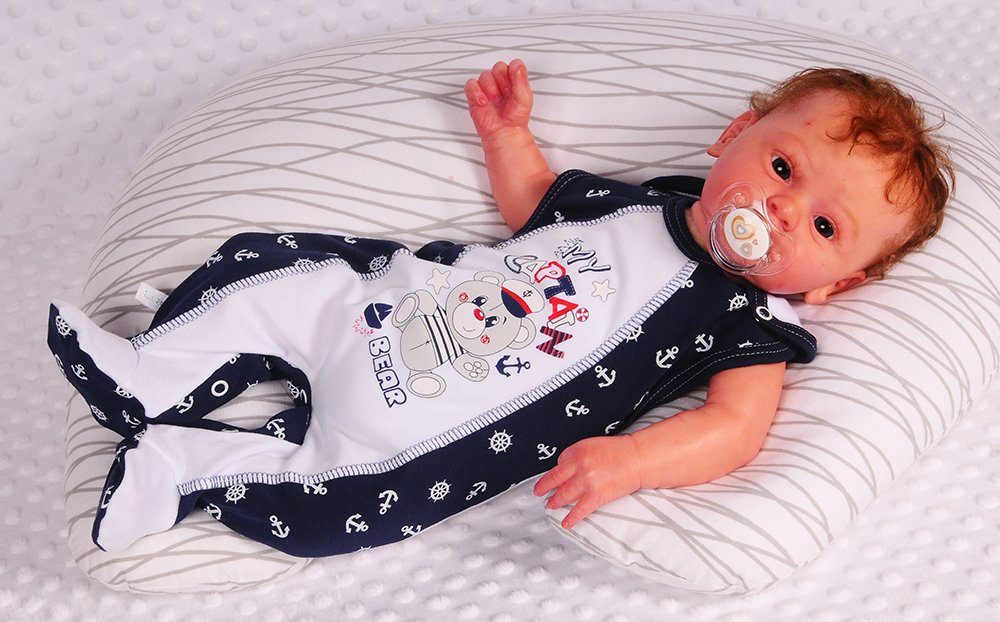 La Bortini Strampler Baby Anzug 3Tlg Strampler Hemdchen Mütze mit Anker und Bär aus reiner Baumwolle, 44-50 56 62 68 74 80 in weiß blau
