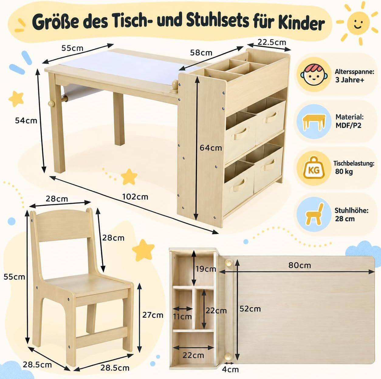 TLGREEN Kindertisch Kindermaltisch mit 2 Stühlen (Maltisch Schreibtisch mit Papierrolle und 4 Aufbewahrungskiste, Zeichentisch 100kg Belastbarkeit für Malen/Ler – Bild 2 von 5