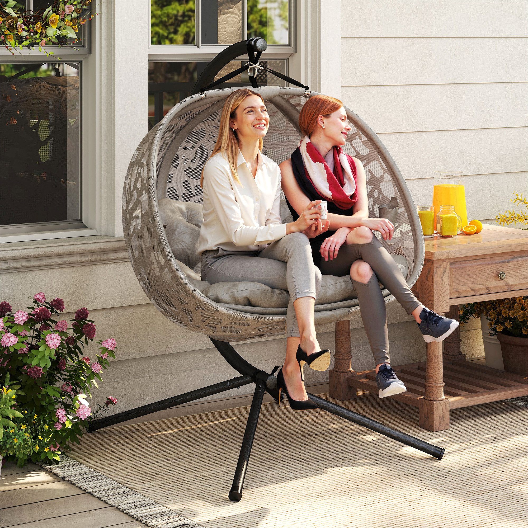 Outsunny Hängesessel Mit Kissen, mit Klappbarem Sitzkorb, Seitentaschen (Hängeschaukel, 1-St., Hängestuhl), Für Indoor, Outdoor, Polyester, Stahl, Sand