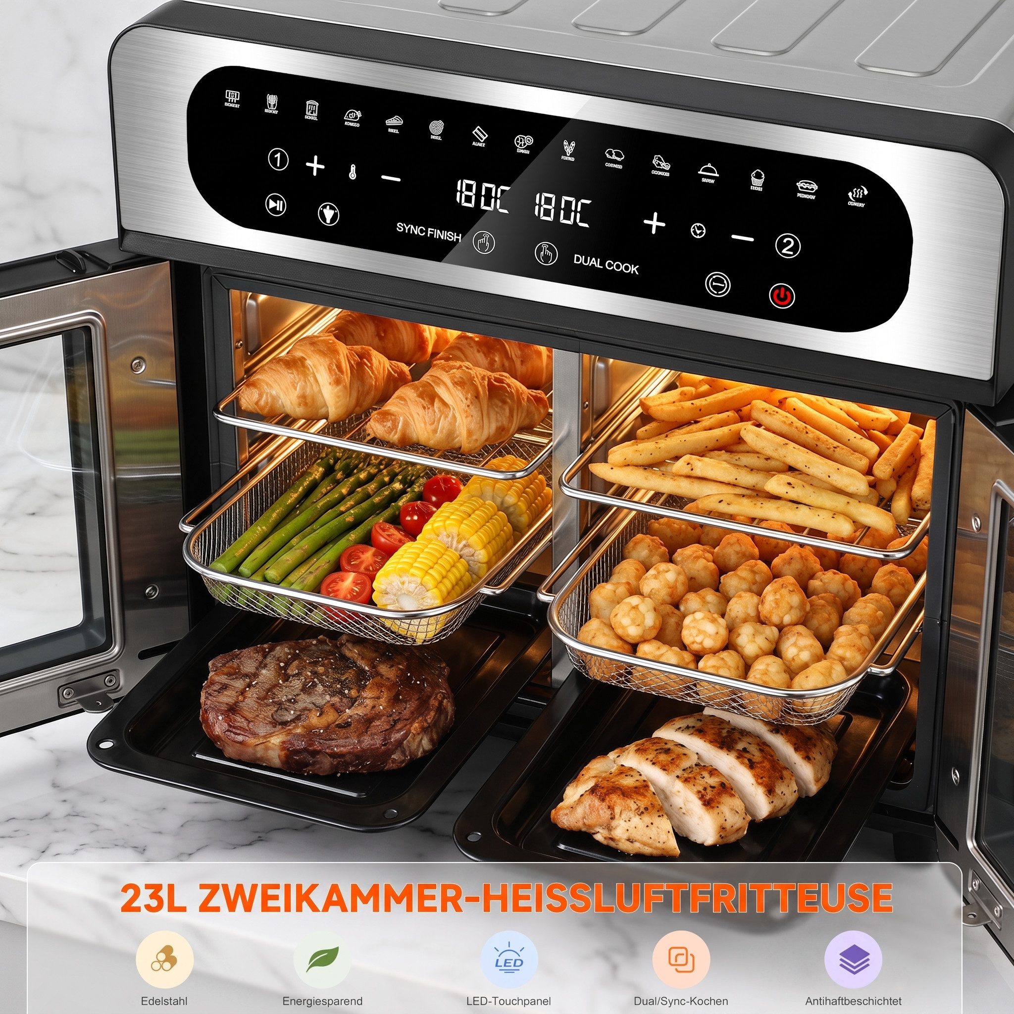 oyajia Heißluftfritteuse XXL Backofen mit Französischen Türen, Air Fryer Dual Zone mit Smart-Touch, Sync Finish, 15 Programme, Inkl. 13 Zubehörteile, Metallgehä – Bild 4 von 5