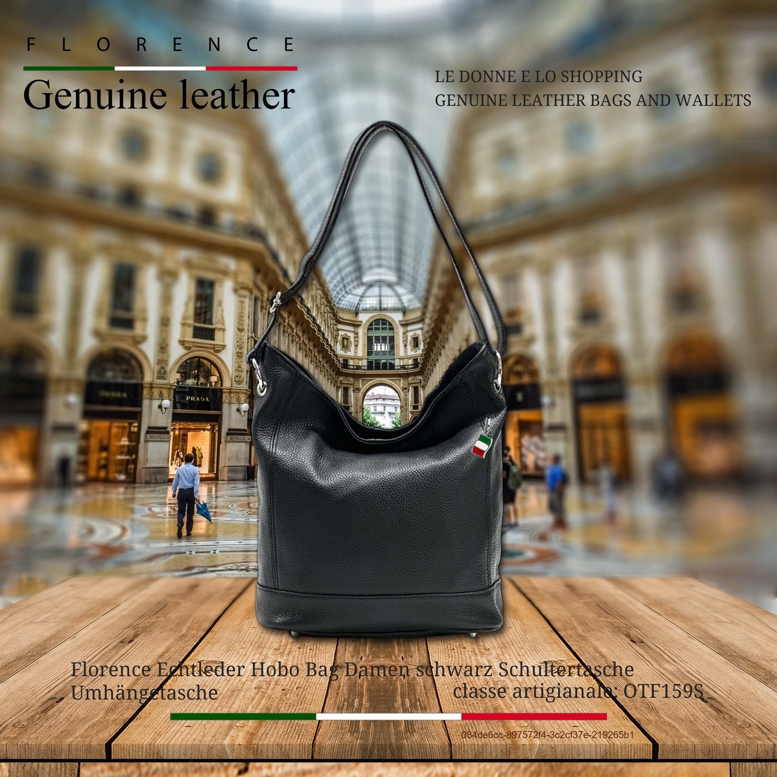 FLORENCE Schultertasche Florence Damen Echtleder Hobo Bag schwarz (Schultertasche), Damen Leder Schultertasche, Shopper, schwarz ca. 37cm