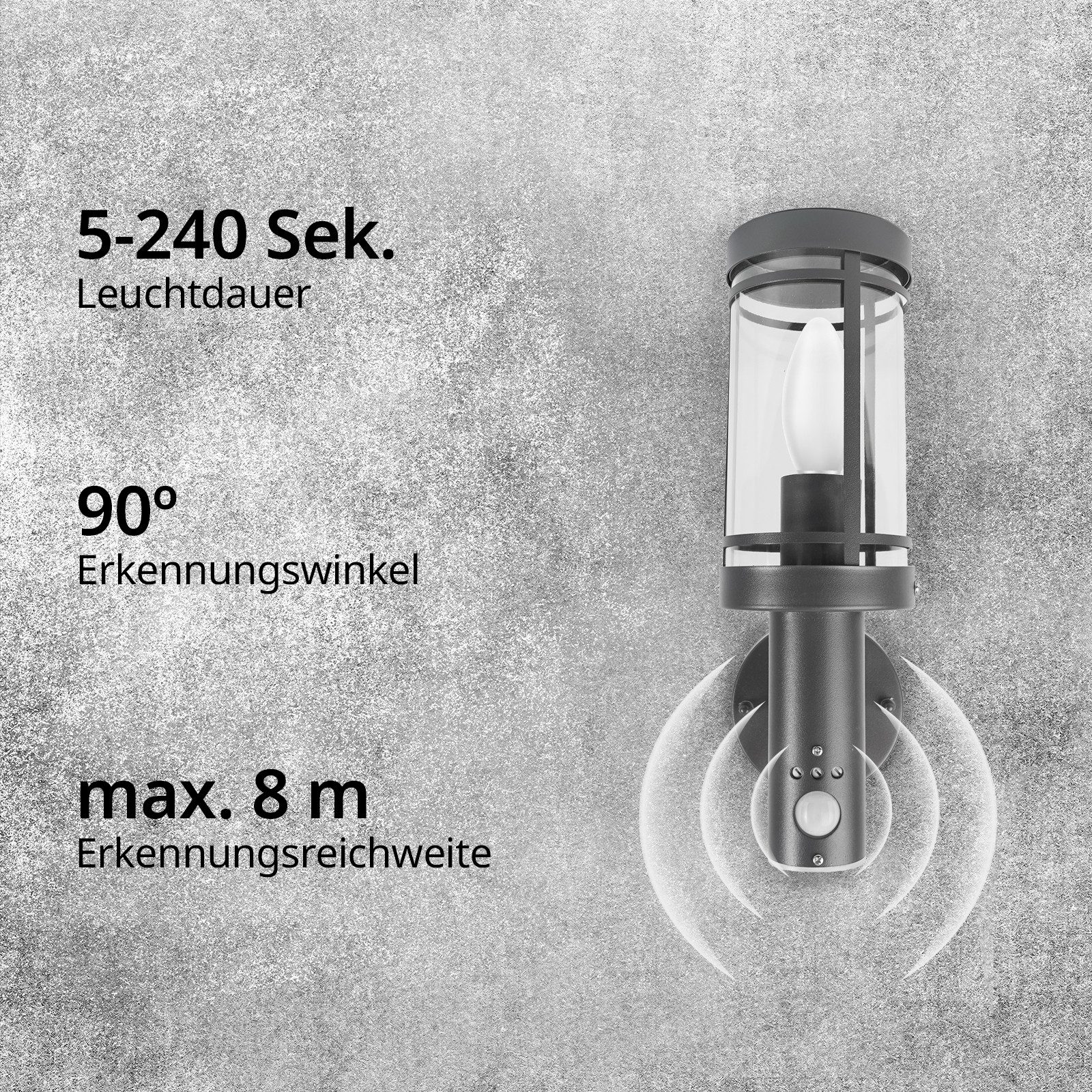 Grafner Wandleuchte Wandlampe Edelstahl mit Bewegungsmelder Anthrazit WL11003 Wandleuchte, ohne Leuchtmittel – Bild 5 von 5