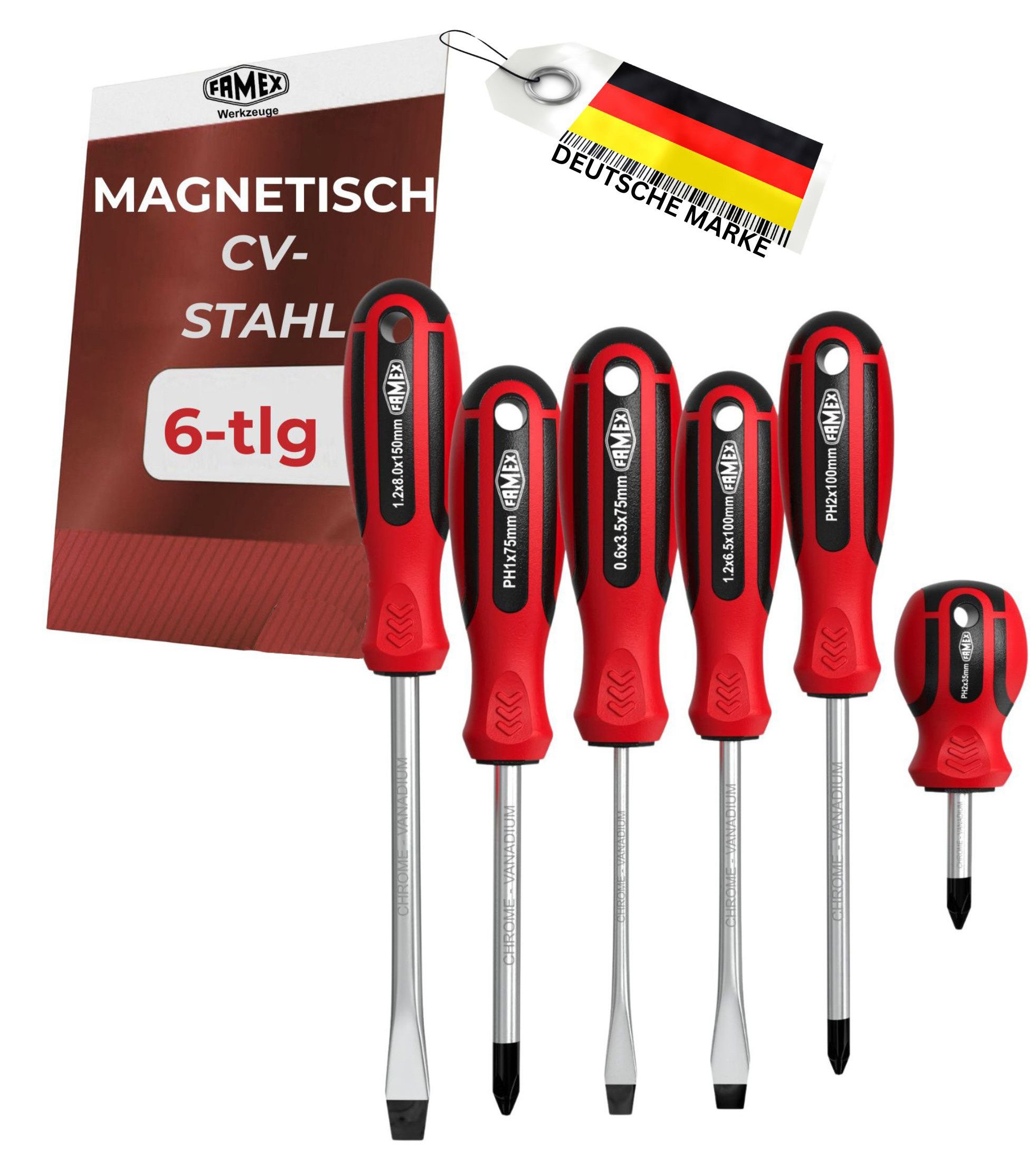 FAMEX Schraubendreher 7751-6 Schraubenzieher Set 6-tlg., (Schraubendreher), aus CV-Stahl, magnetischen Spitzen, Satz