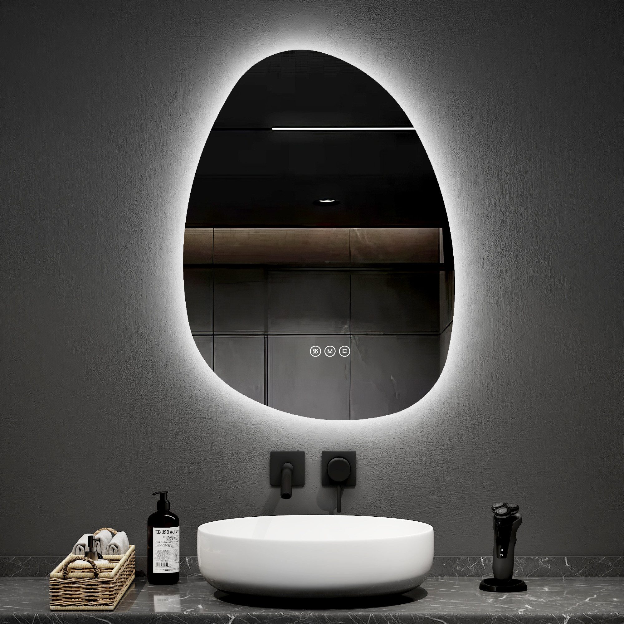 EMKE Badspiegel LED Badezimmerspiegel Asymmetrisch mit Beleuchtung und 3 Lichtfarben (Kieselsteinform), Memory-Funktion, einstellbare Helligkeit Antibeschlag IP44, 45 x 65 cm