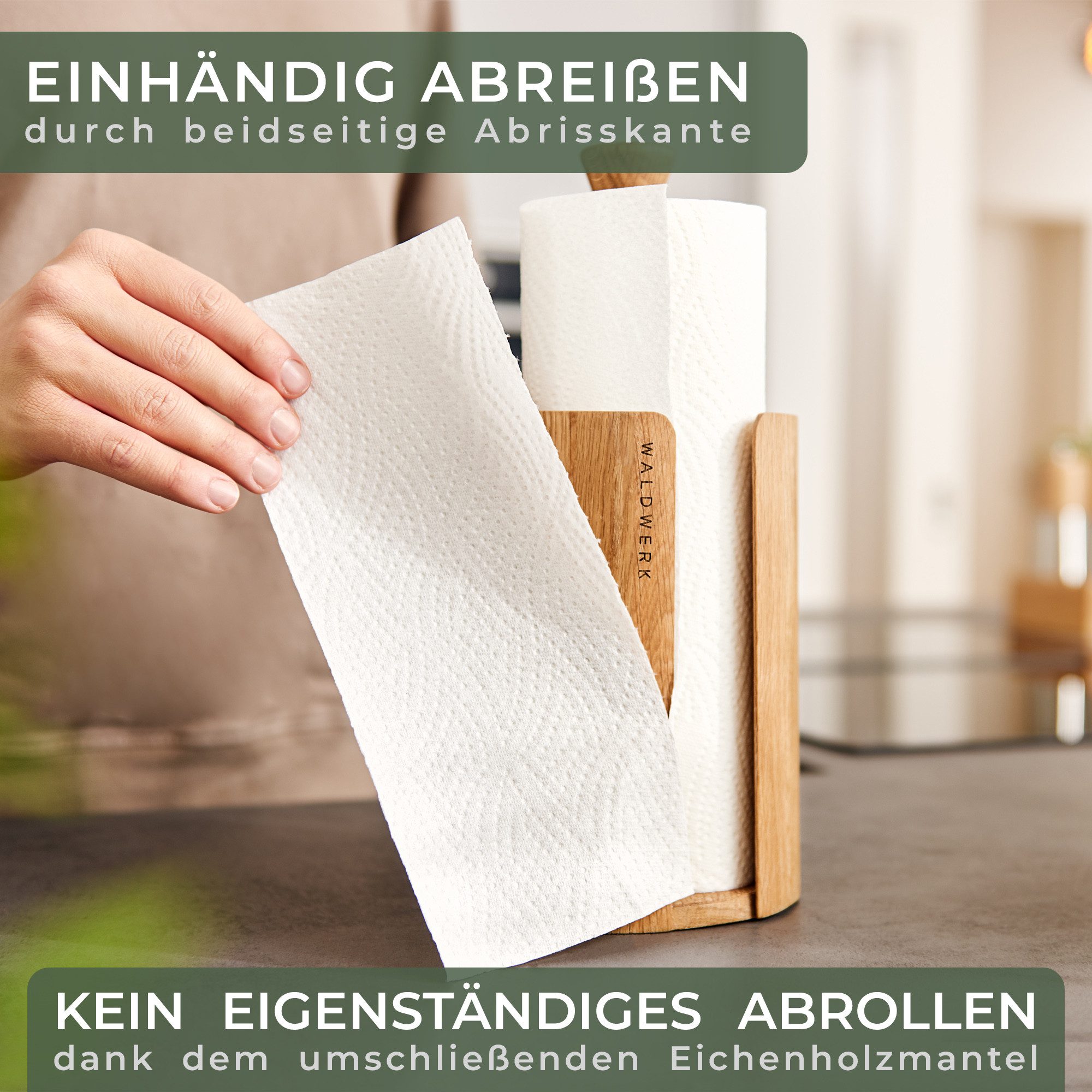 Waldwerk Küchenrollenhalter Küchenrollenhalter aus echtem Eichenholz - Plastikfreier Rollenhalter, Küchenrollenhalter stehend für alle handelsüblichen Küchenrollen