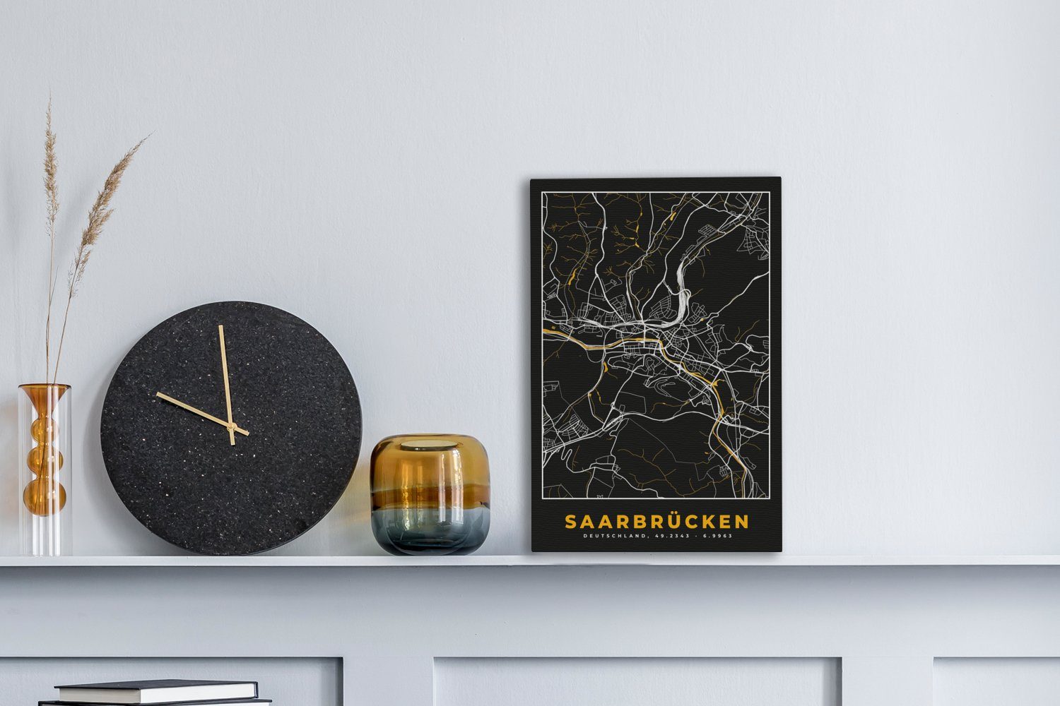 Zackenaufhänger, cm St), Gold Saarbrücken 20x30 - (1 Deutschland, - - Stadtplan Leinwandbild Gemälde, Karte bespannt inkl. fertig OneMillionCanvasses® Leinwandbild -