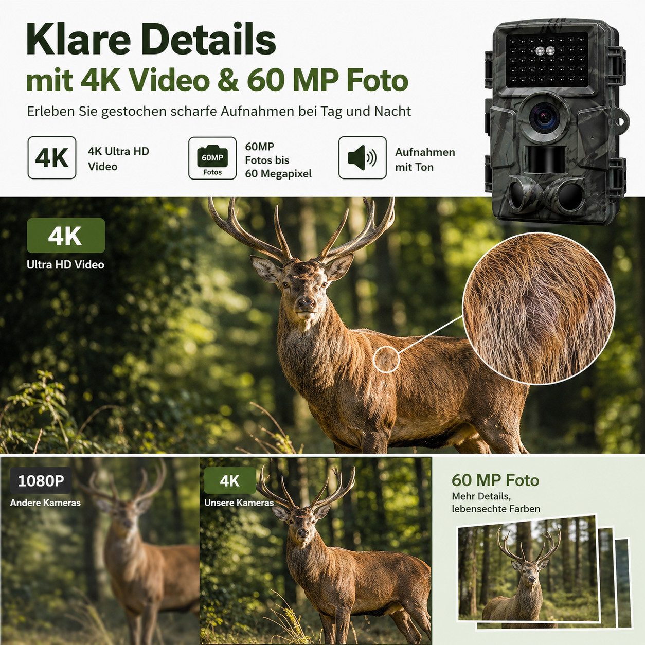 Lisabonde Wildkamera 4K 60MP WiFi, App-Steuerung, IP66 wasserdicht, 0,2s Auslöser & 64GB SD (Außenbereich, Packung, Inklusive 64GB microSD-Karte, WiFi & App-Ste – Bild 3 von 5