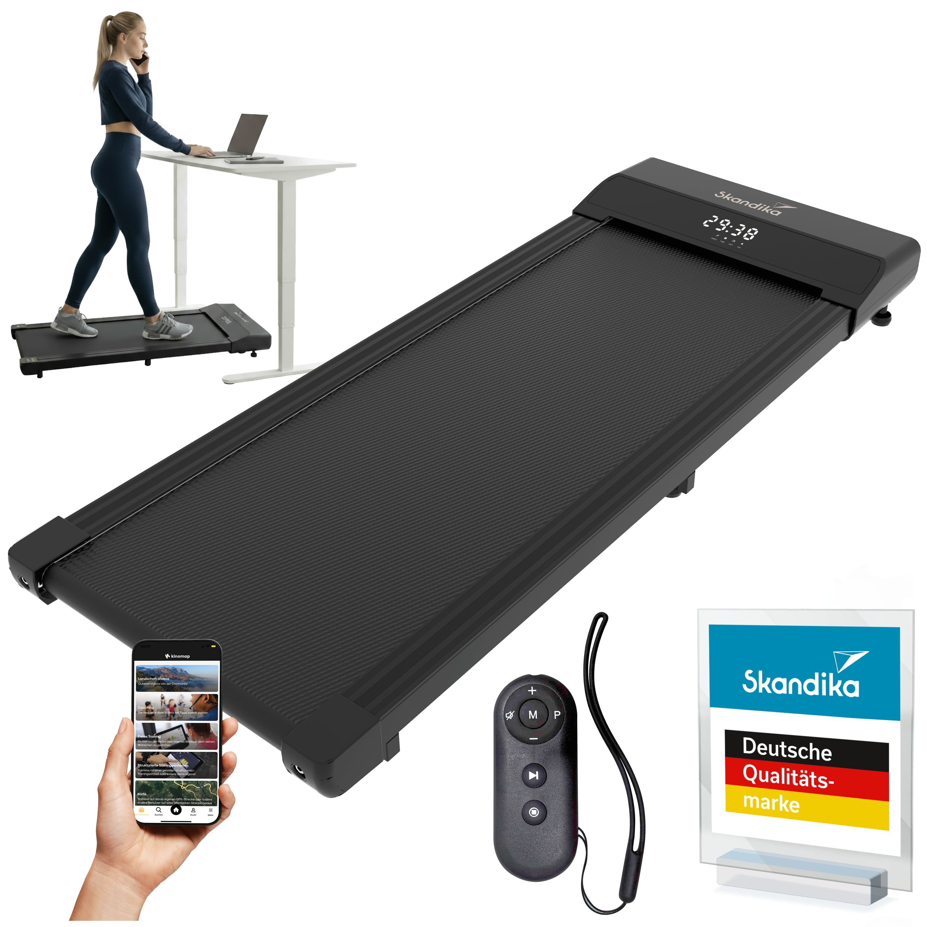 Skandika Laufband für zuhause, Walking Pad Nordik, 6/12km/h, mit/ohne Steigung, Kinomap, LED-Display, Fernbedienung, Fitnessgerät für Ausdauertraining, Büro