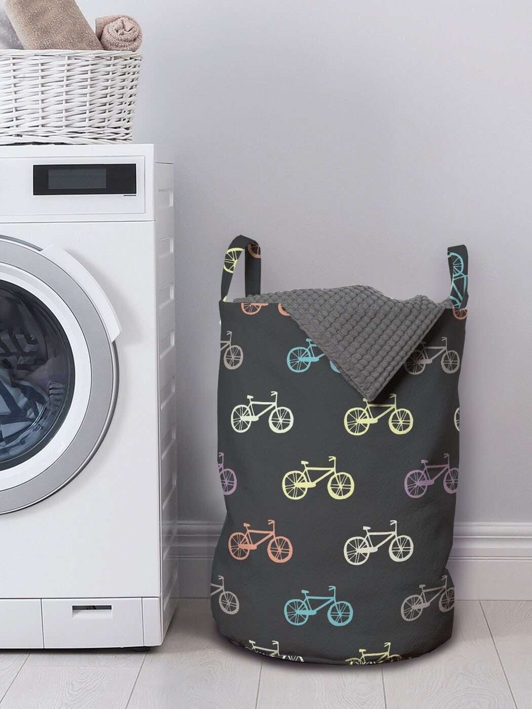Waschsalons, Radfahren Fahrrad für Wäschekorb Abakuhaus Griffen mit Wäschesäckchen Rad Thema Kordelzugverschluss Retro fahren