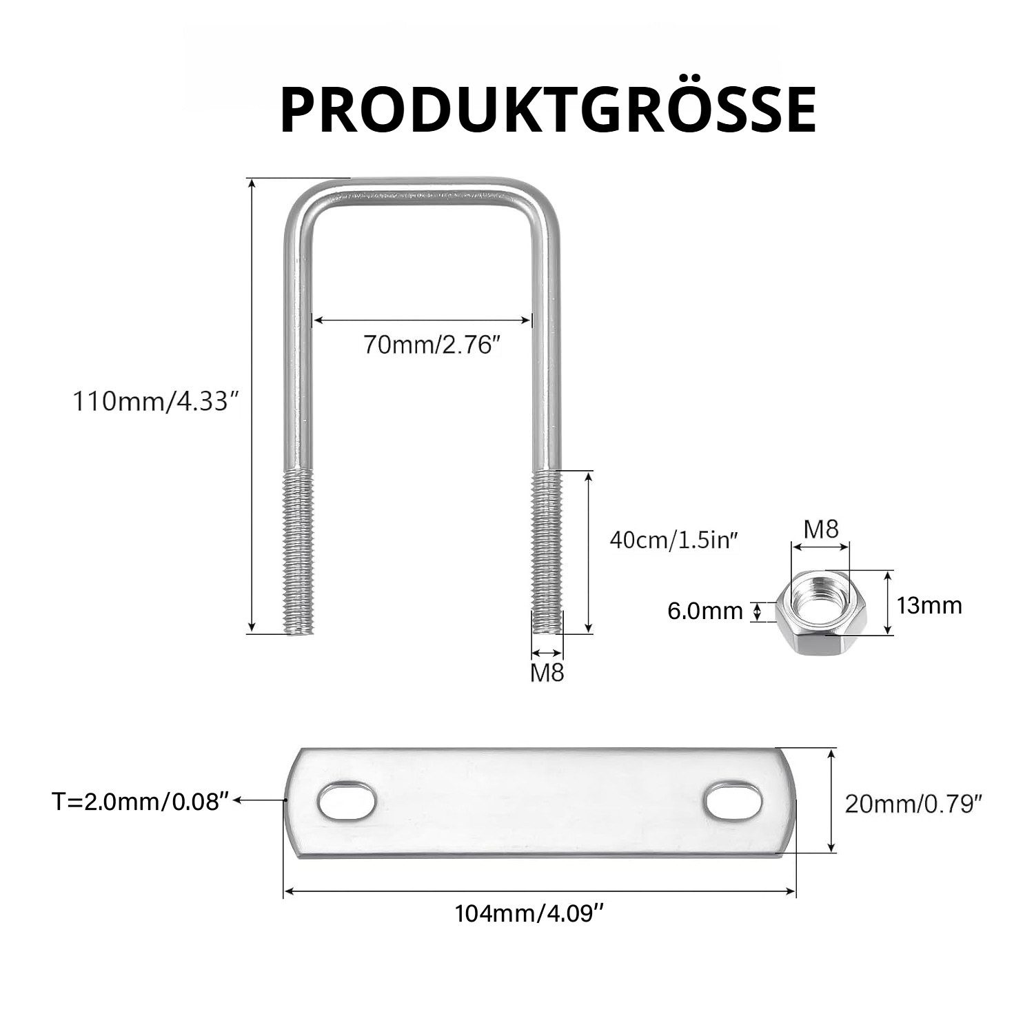 JOYOLEDER Schäkel 8 Stück Vierkant U-Bolzen (70 mm) Bügelschraube Innenbreite, (Edelstahl M8 mit Muttern, Rahmenplatte, 8-St)