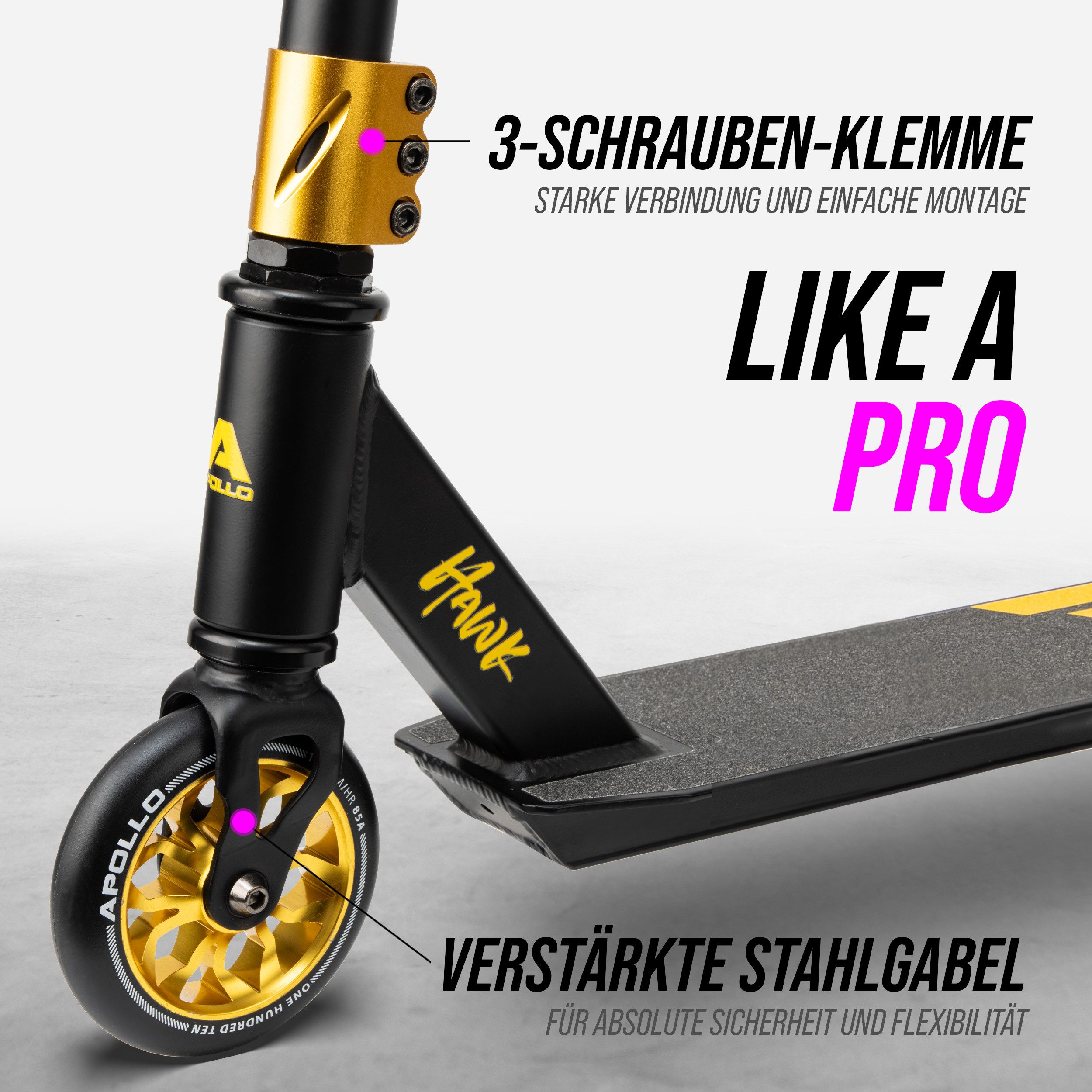 Apollo Stuntscooter Hawk - Scooter für Erwachsene, Jugendliche und Kinder ab 6 Jahren, extra breite Trittfläche & stabiler Lenker