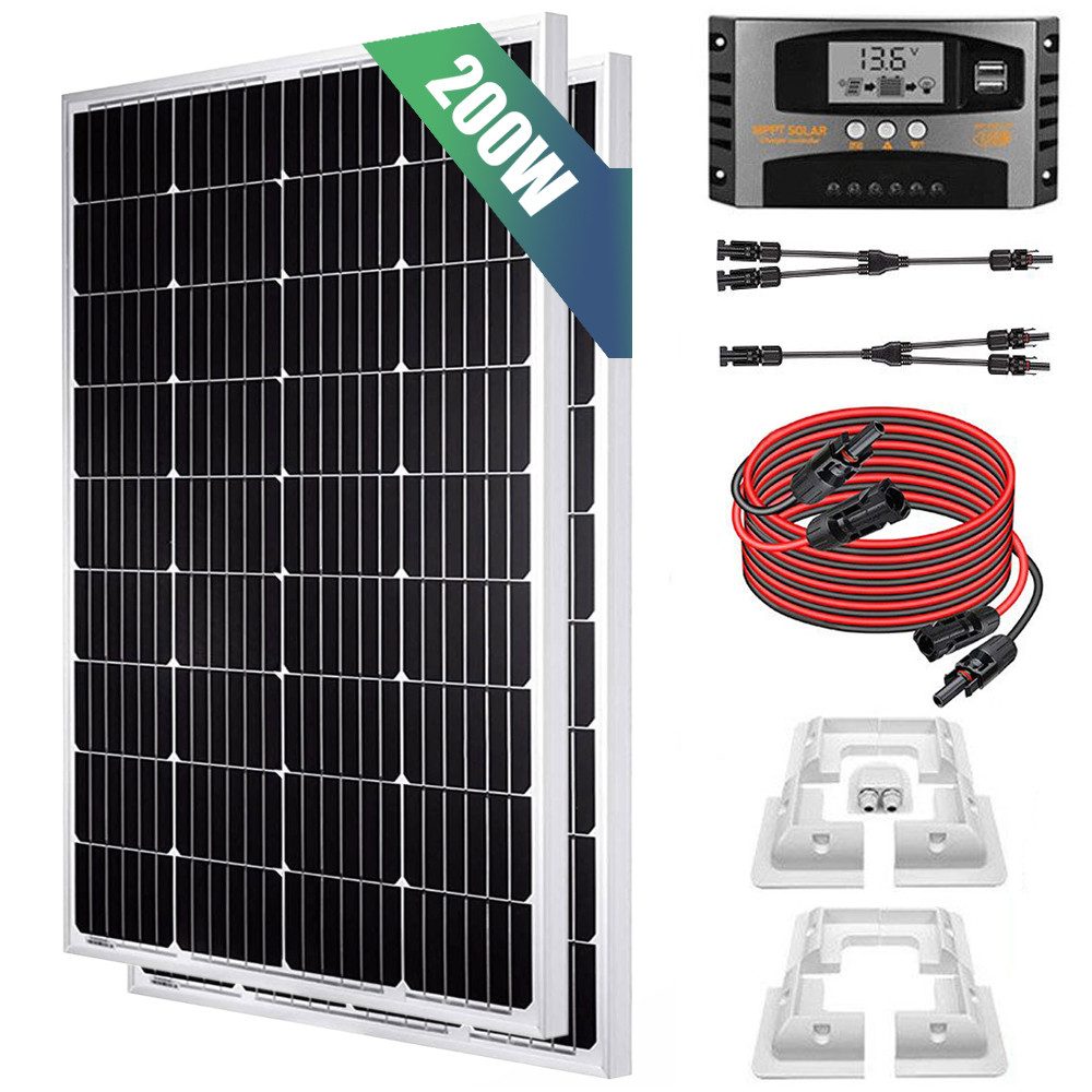 Rhein Beleuchtung Solarmodul 200W Solarpanel Set 12V Monokristallin für Wohnmobil & Camping, 200 W, Monokristallin, (Set, 1-St., Inkl. 40A MPPT-Regler, Y-Kabel, 2×100W Module, Plug & Play), Mit Halbzellen-Technologie, IP65 wasserdicht, hohe Effizienz