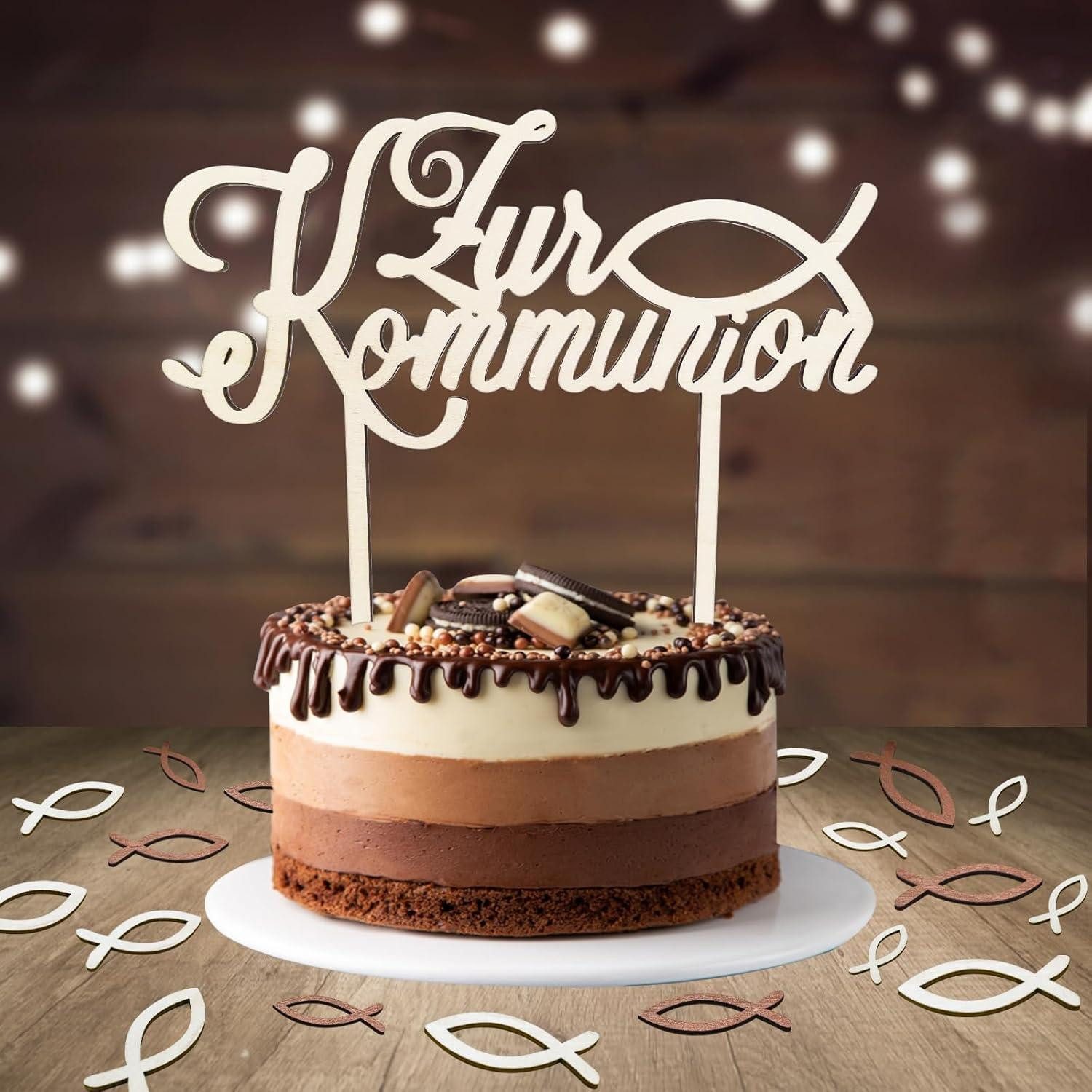LuxusKollektion Bastelnaturmaterial Cake Topper Kommunion Holz 1 Stück & 48 Holz Fische Tischdeko