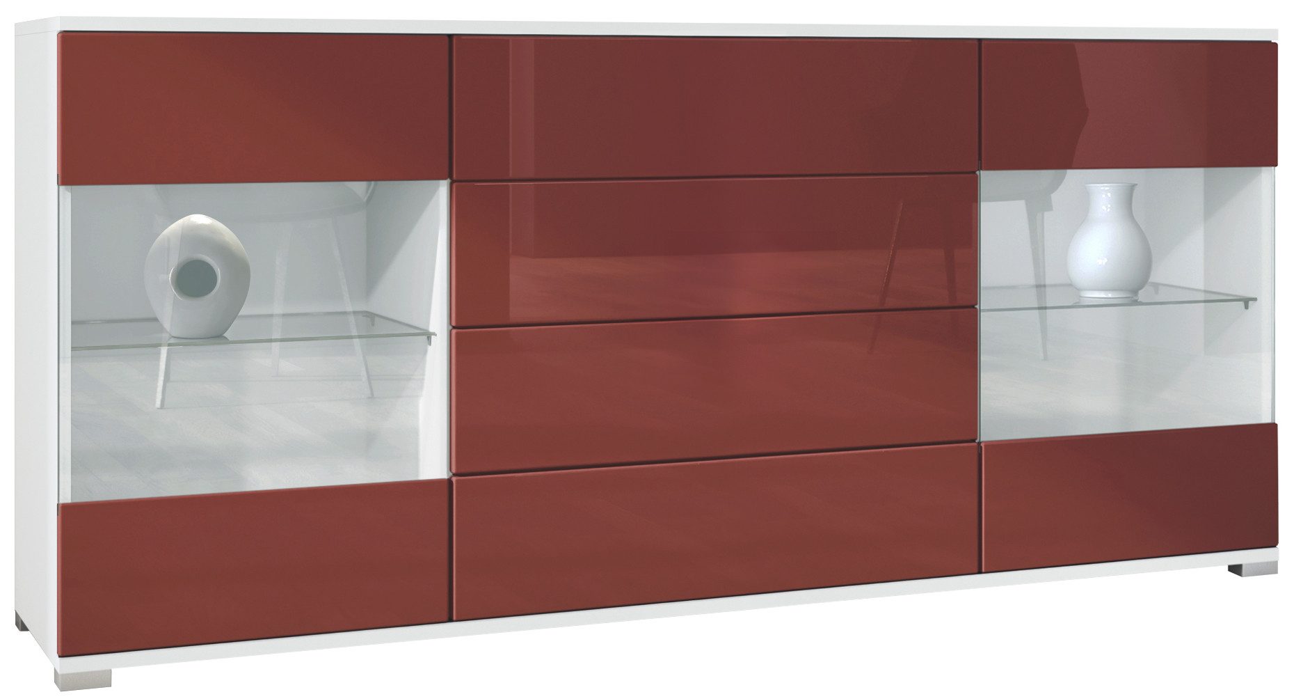 Vladon Sideboard Bari V2 (Kommode mit 2 Türen, 4 Schubladen und 2 flexible Glaseinlegeböden), Weiß matt/Bordeaux Hochglanz (166,5 x 75,5 x 35)