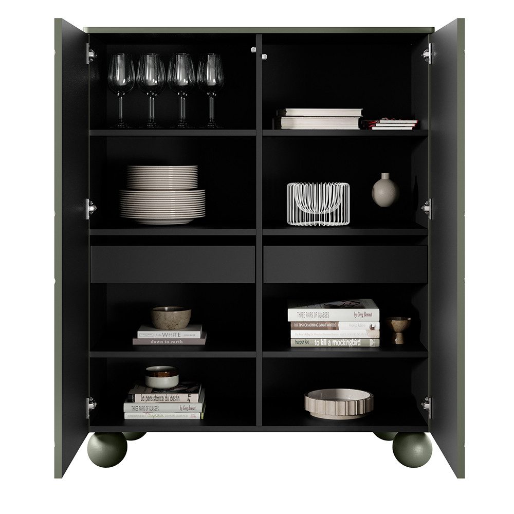 Lomadox Highboard SPLIT-141, oliv grün matt 120 cm Kugelfüße grifflos Push-to-open Softclose