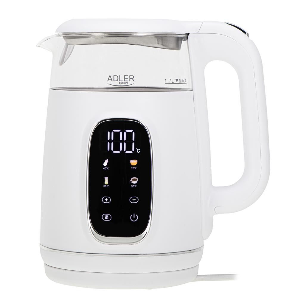 ADLER EUROPE Wasserkocher AD 1305ws Glas Wasserkocher mit Temperatureinstellung, LED Display, 1,7 l, 2200 W, Touchpanel, Warmhaltefunktion, Kalkfilter, weiß silber