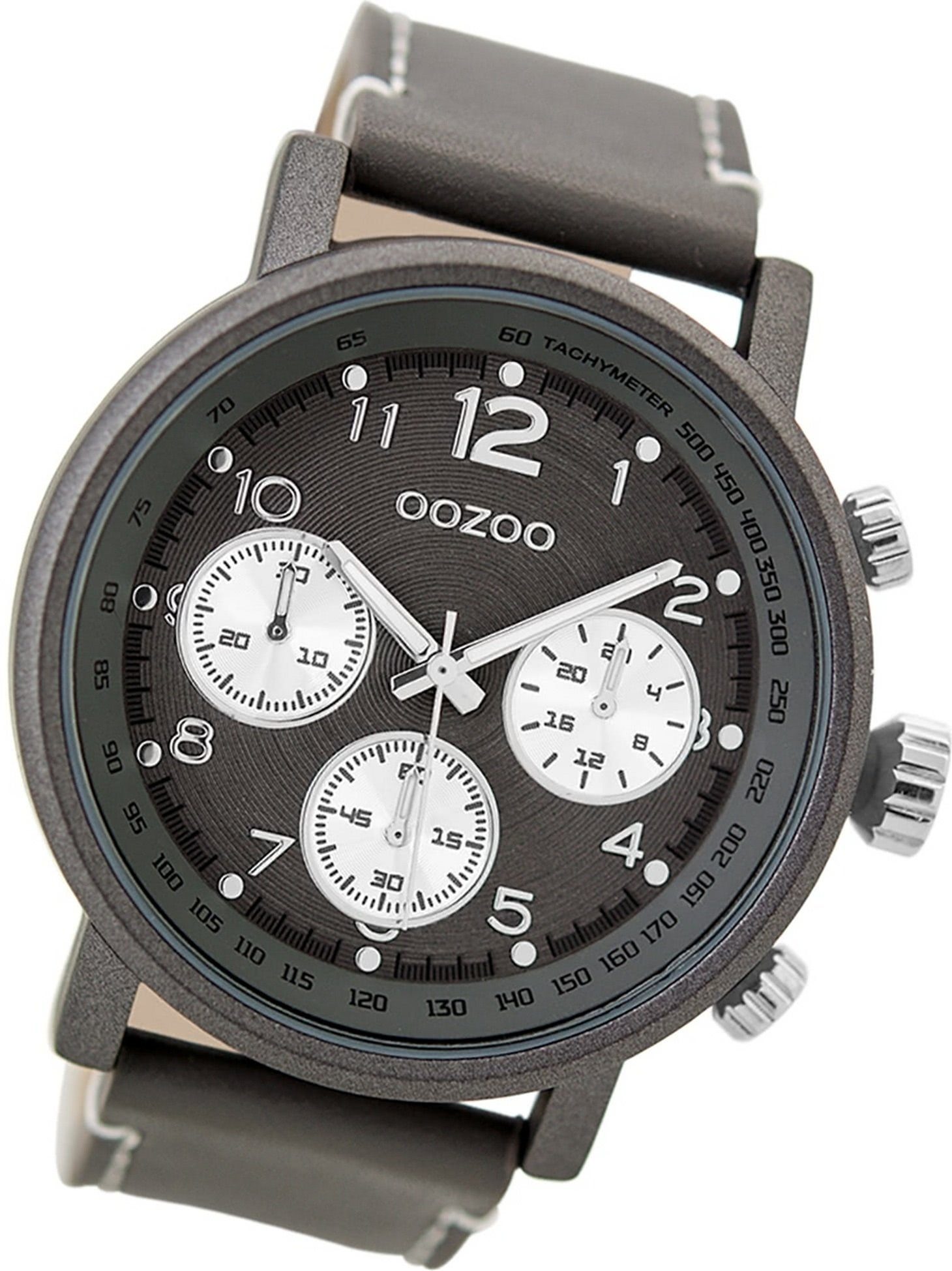 OOZOO Quarzuhr Oozoo Leder Herren Uhr C9458A Analog, Herrenuhr Lederarmband grau, rundes Gehäuse, extra groß (ca. 48mm)