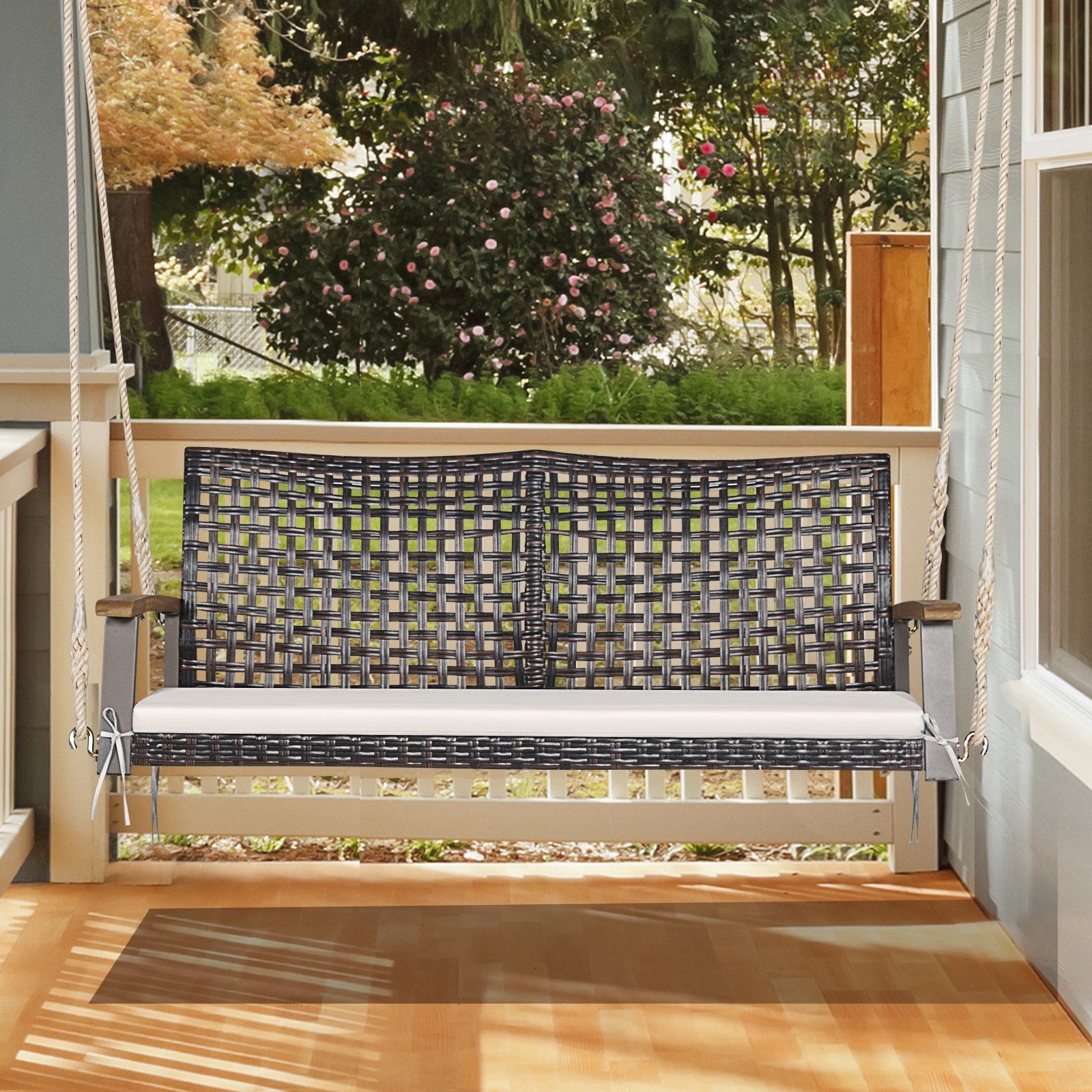 KOMFOTTEU Hängesessel, aus PE-Rattan, 2-Sitzer, Outdoor-Schaukel mit weichem Kissen