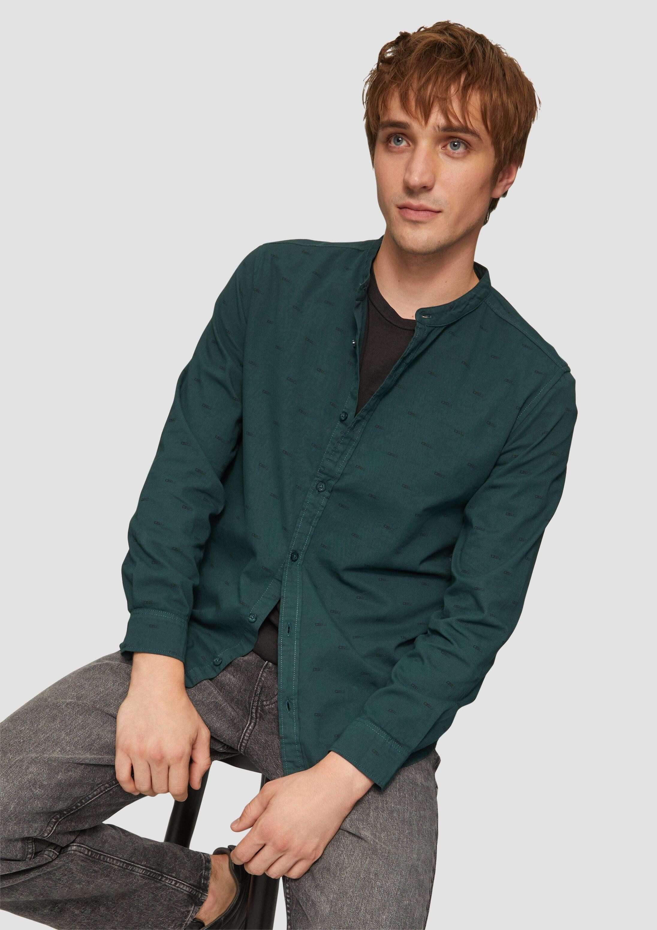 QS Langarmhemd Hemd Slim Fit: Gewaschenes Hemd mit All-over-Print