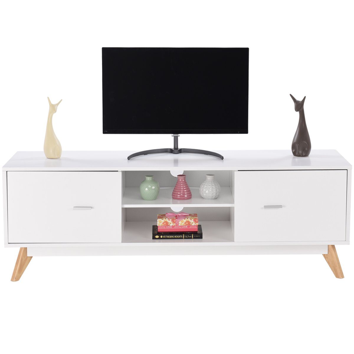 COSTWAY TV-Schrank mit 2 Türen & 2 Fächern, Holz, 140x40x48cm