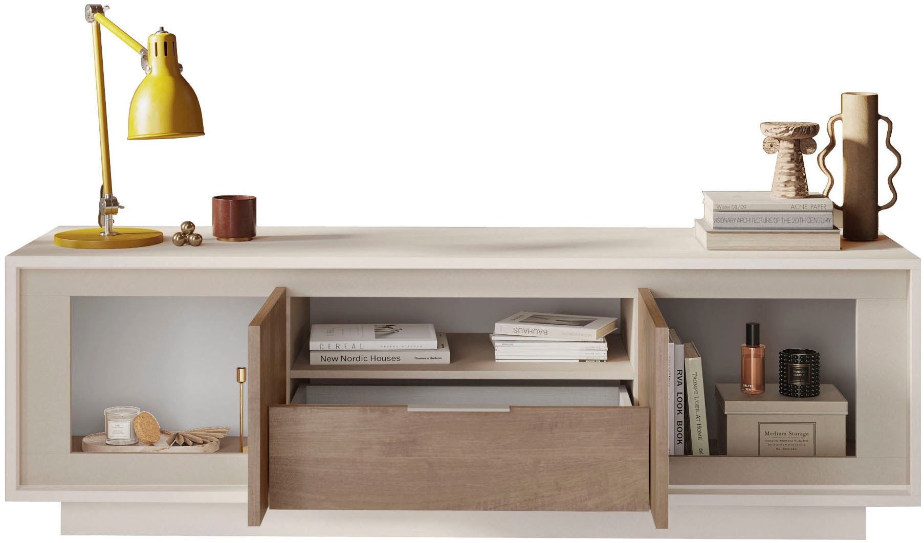 Home affaire Lowboard Sky, B/T 180/50 cm, TV-Schrank/Medienboard, 2 Türen, 1 Schubkasten, Softclosing, Korpus & Front 22 mm stark, Rahmen-Optik, Metallgriff