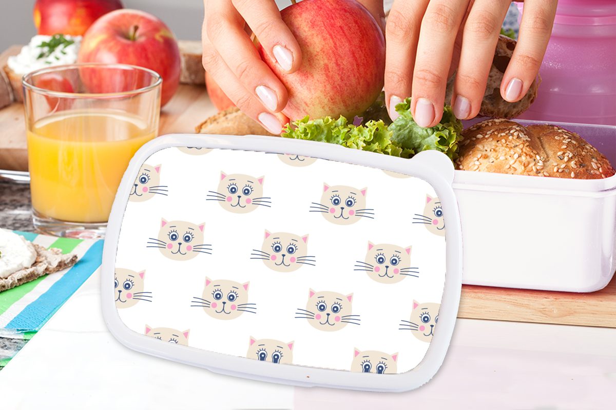 MuchoWow Lunchbox Katzen - Muster und Jungs Erwachsene, Brotdose, für Mädchen Brotbox und - - Kinder Mädchen Pastell - (2-tlg), für weiß Kunststoff, Kinder