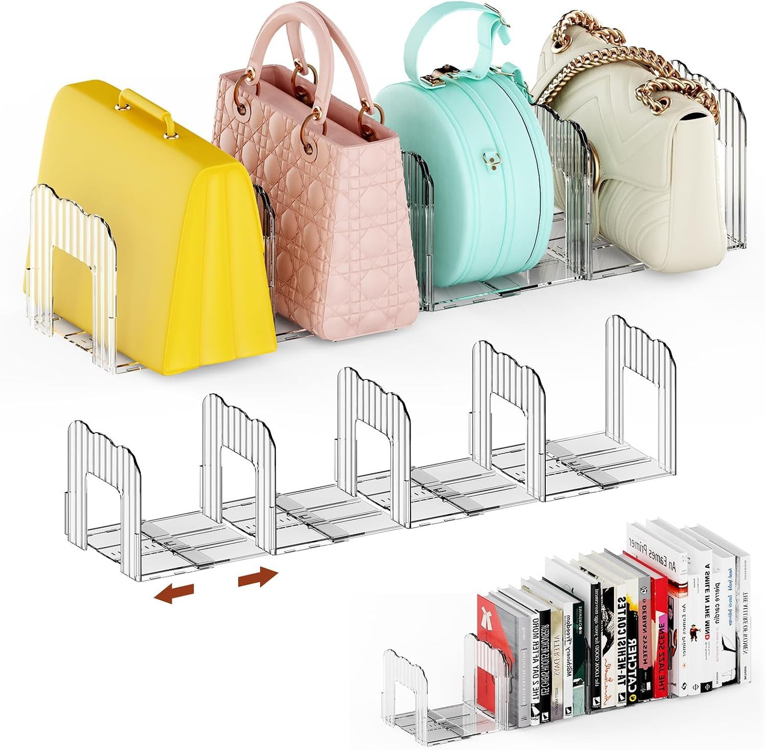 BlingBin Taschenorganizer Verstellbarer Handtaschen organizer 4 Fächer, 36–59,5 cm (Handtaschenhalter, 2-tlg., transparente aufbewahrung), Taschenaufbewahrung, Regaltrenner für Bücher Clutch Tragetaschen