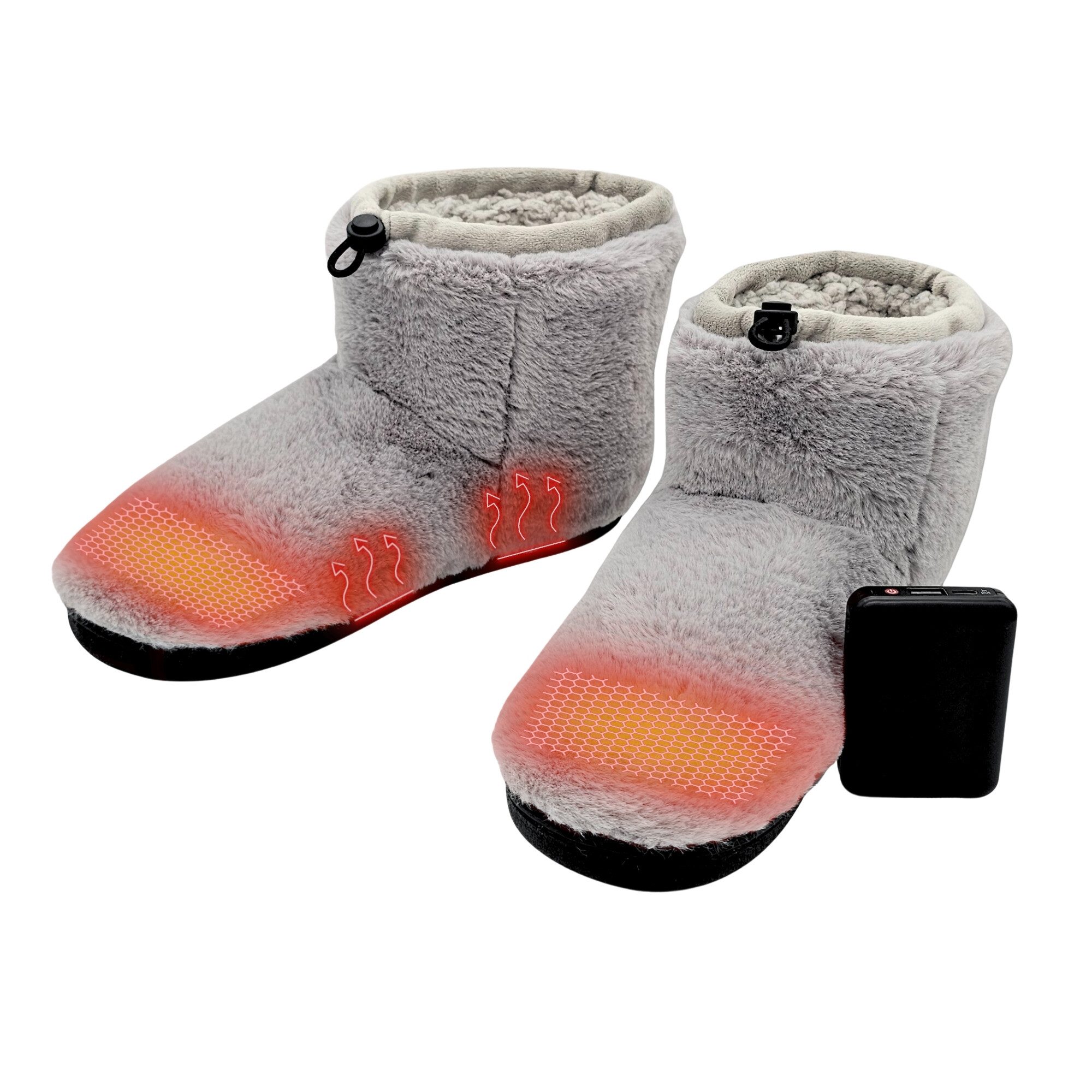 NorthHeat Beheizbare Hausschuhe Damen, Heizhausschuhe, Plüsch Hausschuhe (Elektrisch beheizte Pantoffeln mit breiter Passform, inkl. 2x 5.000 mAh Powerbank) – ideal für kalte Füße