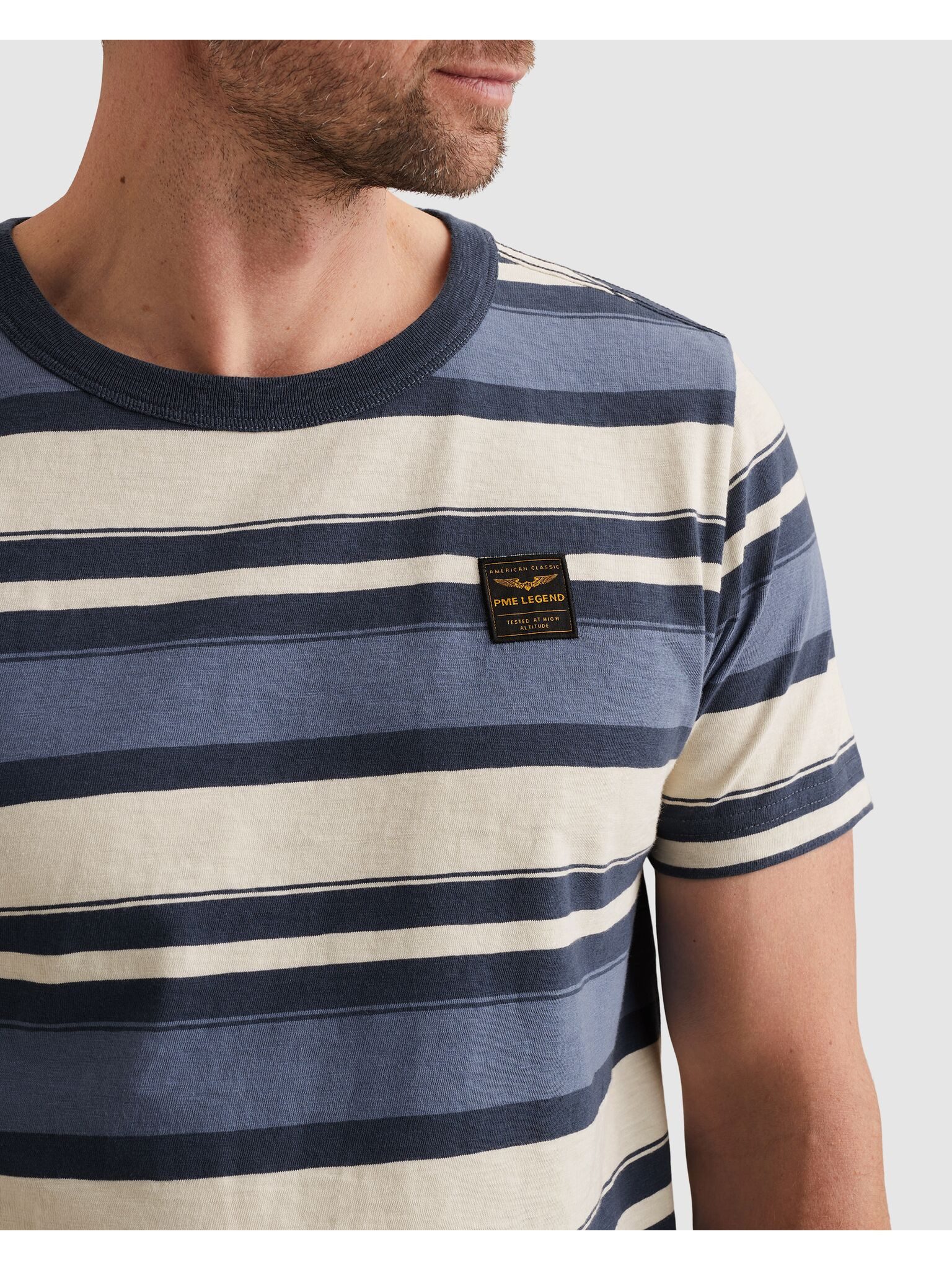PME LEGEND T-Shirt Short sleeve r-neck slub striped jersey mit Logo Stickerei