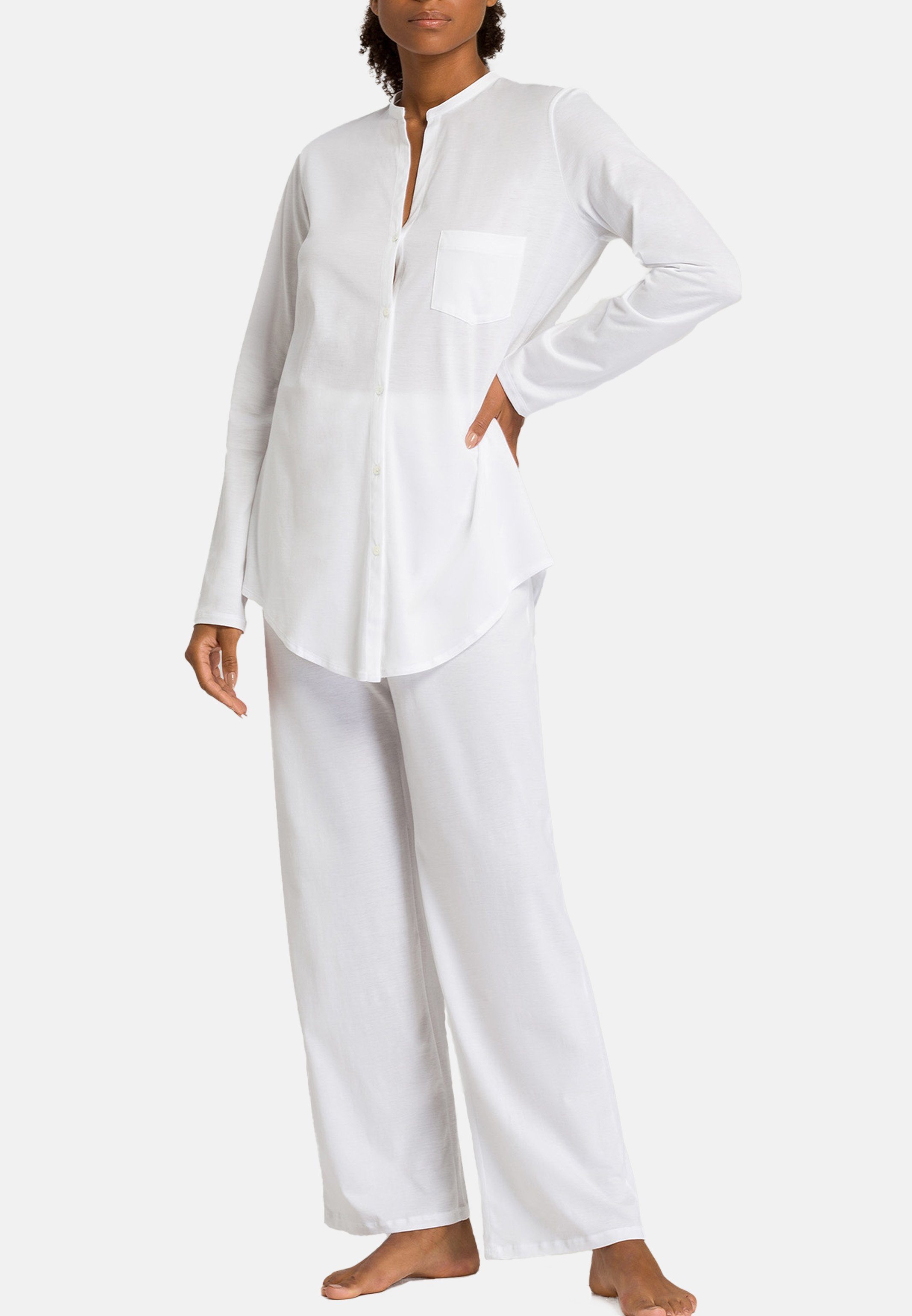 Hanro Pyjama Cotton - Brusttasche und tlg) Knopfleiste, - Weiß Mit 2 Mandarinkragen Deluxe (Set, Pyjama Baumwolle