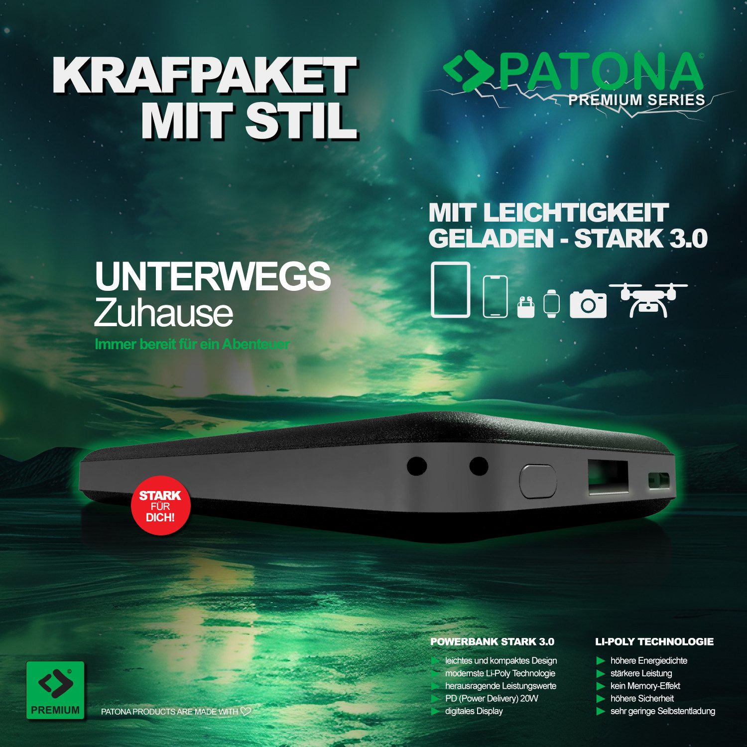 Patona Premium Powerbank Stark 3.0 PD20W 10.000mAh Powerbank Power-Bank 10000 mAh (1 St), USB-C USBC